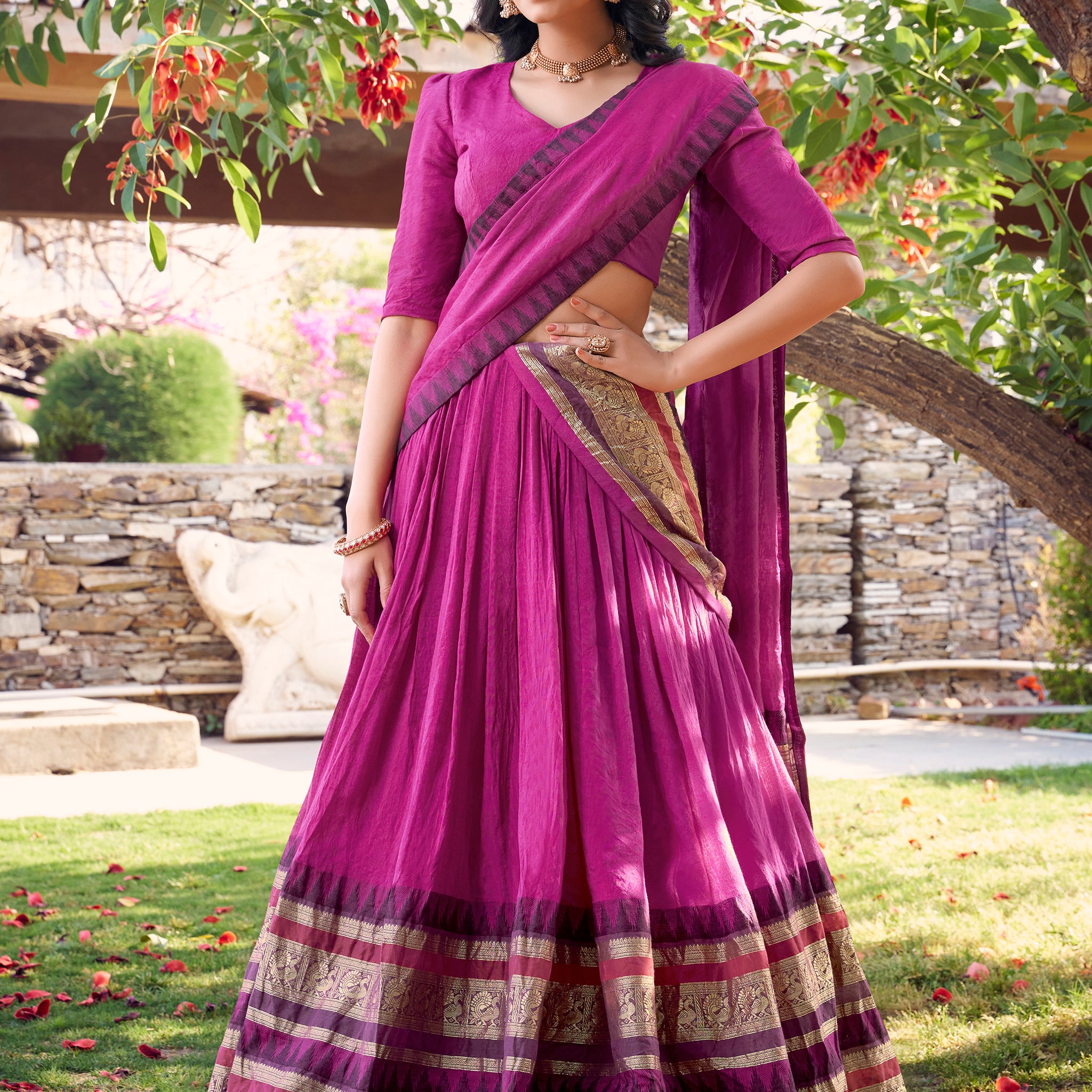 Pleasant Pink Zari Weaving Chanderi Festival Wear Lehenga Choli