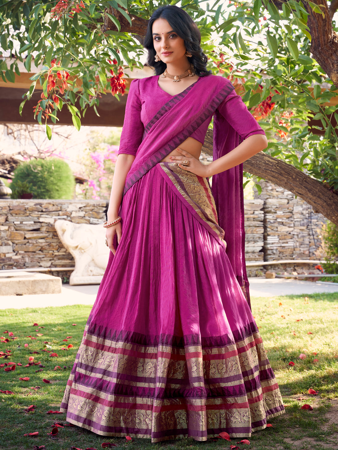Pleasant Pink Zari Weaving Chanderi Festival Wear Lehenga Choli
