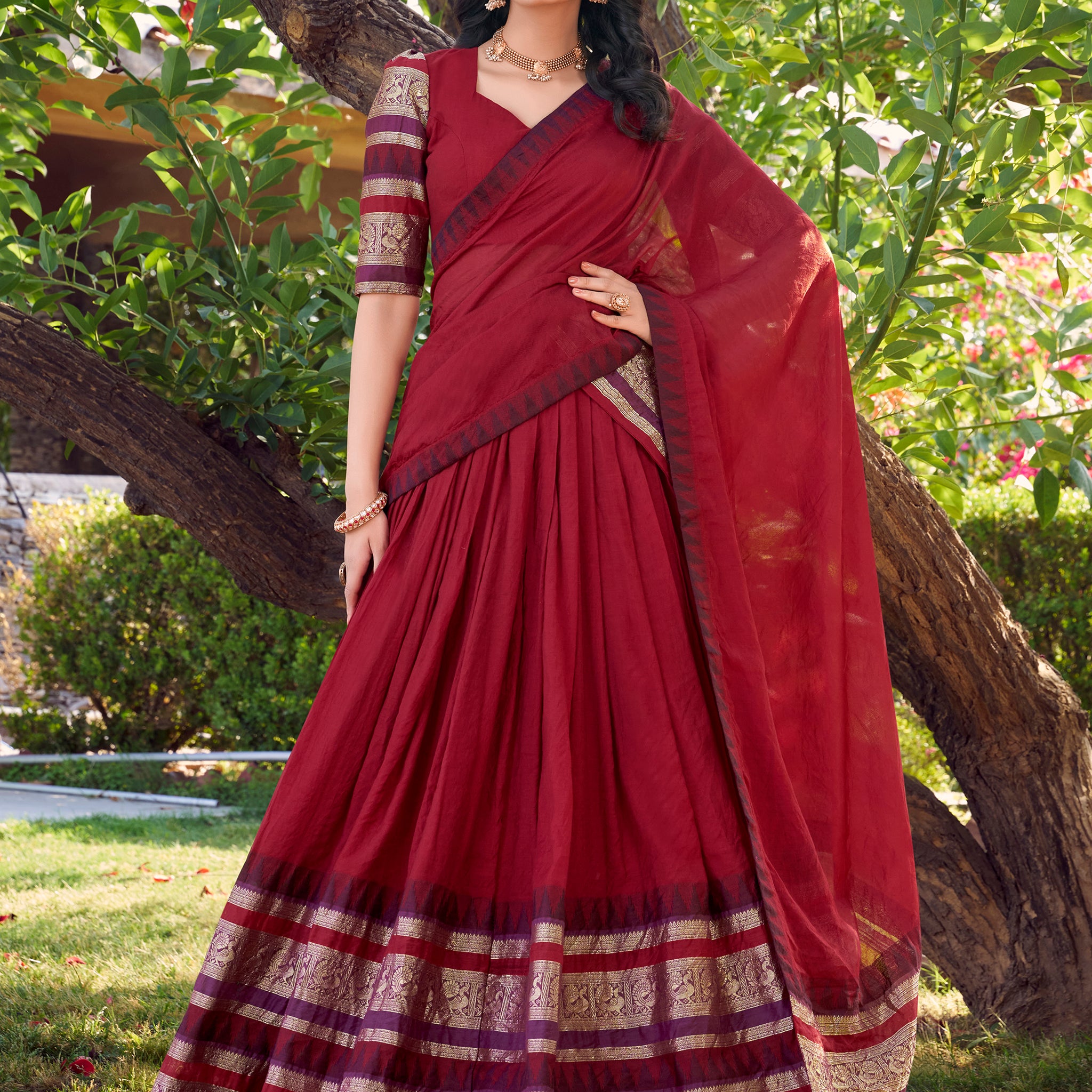 Spectacular Red Zari Weaving Chanderi Lehenga Choli With Dupatta