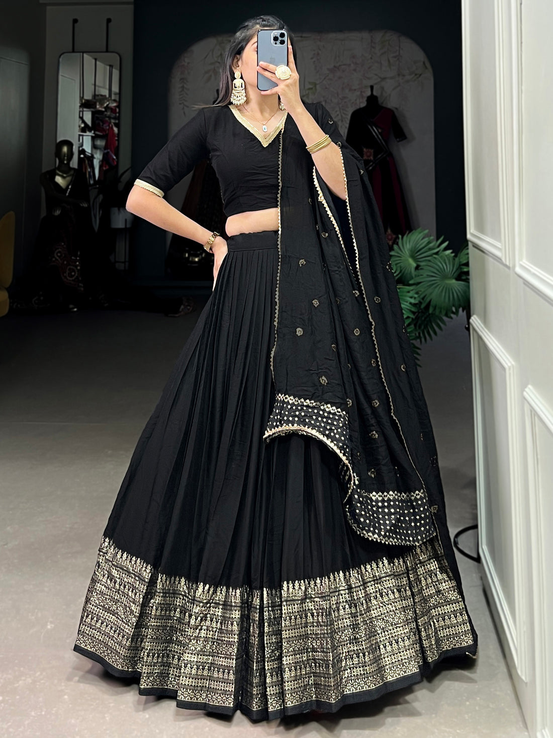 Marvelous Black Zari Weaving Chanderi Sangeet Wear Lehenga Choli
