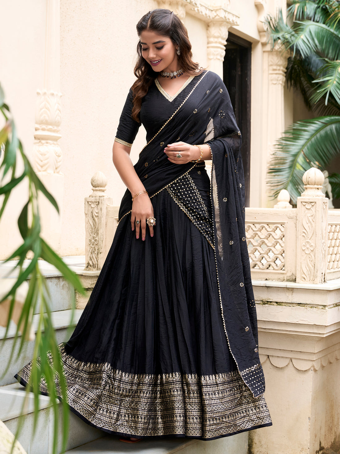 Outstanding Black Border Work Chanderi Event Wear Lehenga Choli