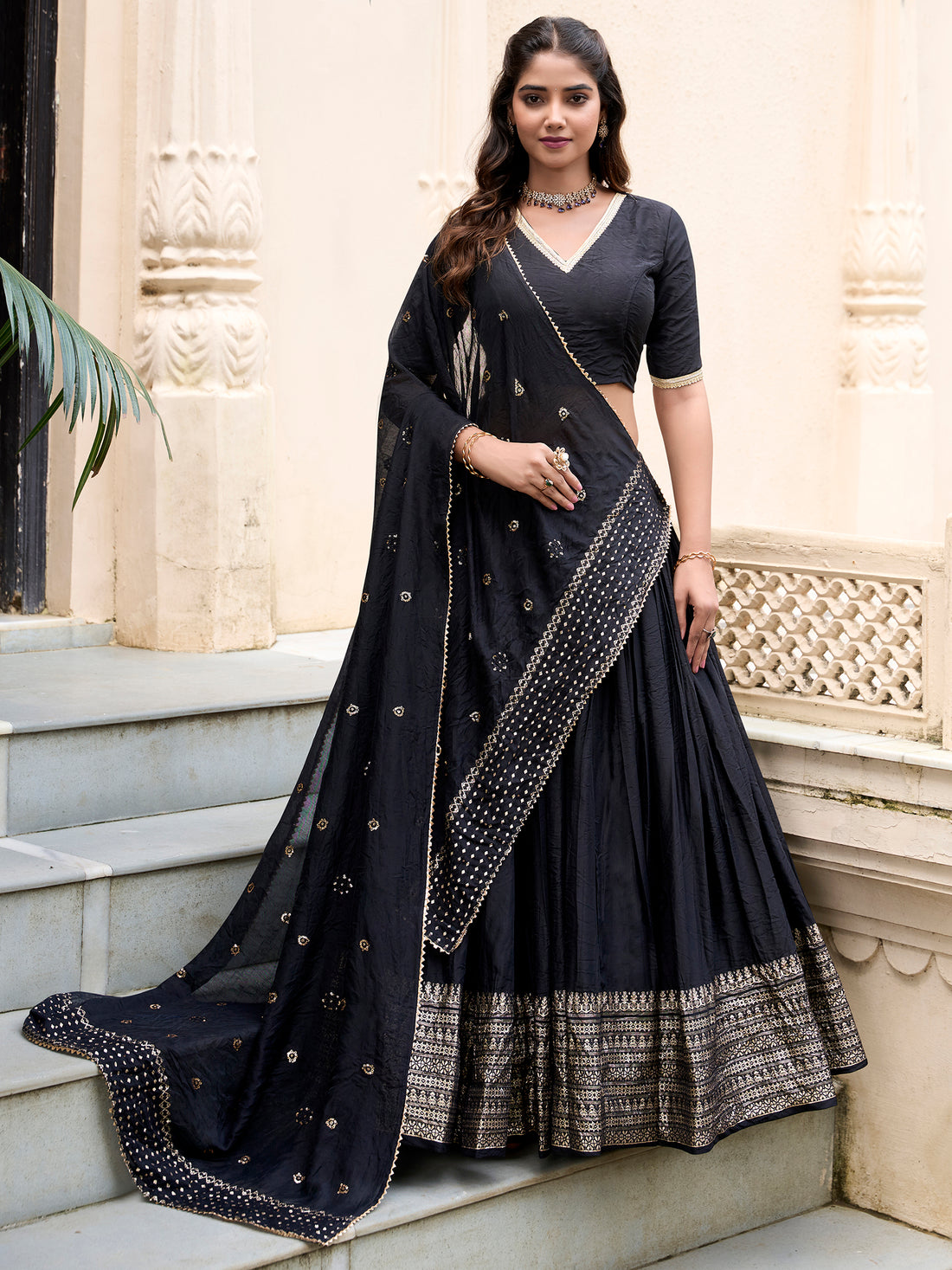 Outstanding Black Border Work Chanderi Event Wear Lehenga Choli