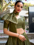 Great Olive Green Border Work Chanderi Mehendi Wear Lehenga Choli 