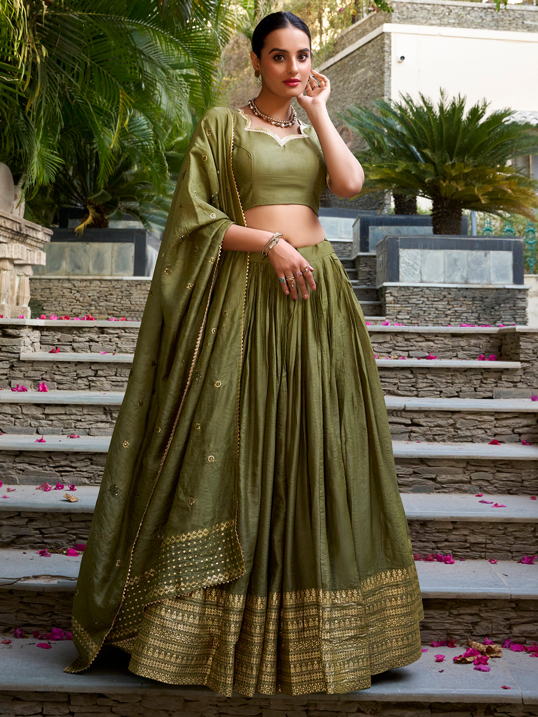 Great Olive Green Border Work Chanderi Mehendi Wear Lehenga Choli 