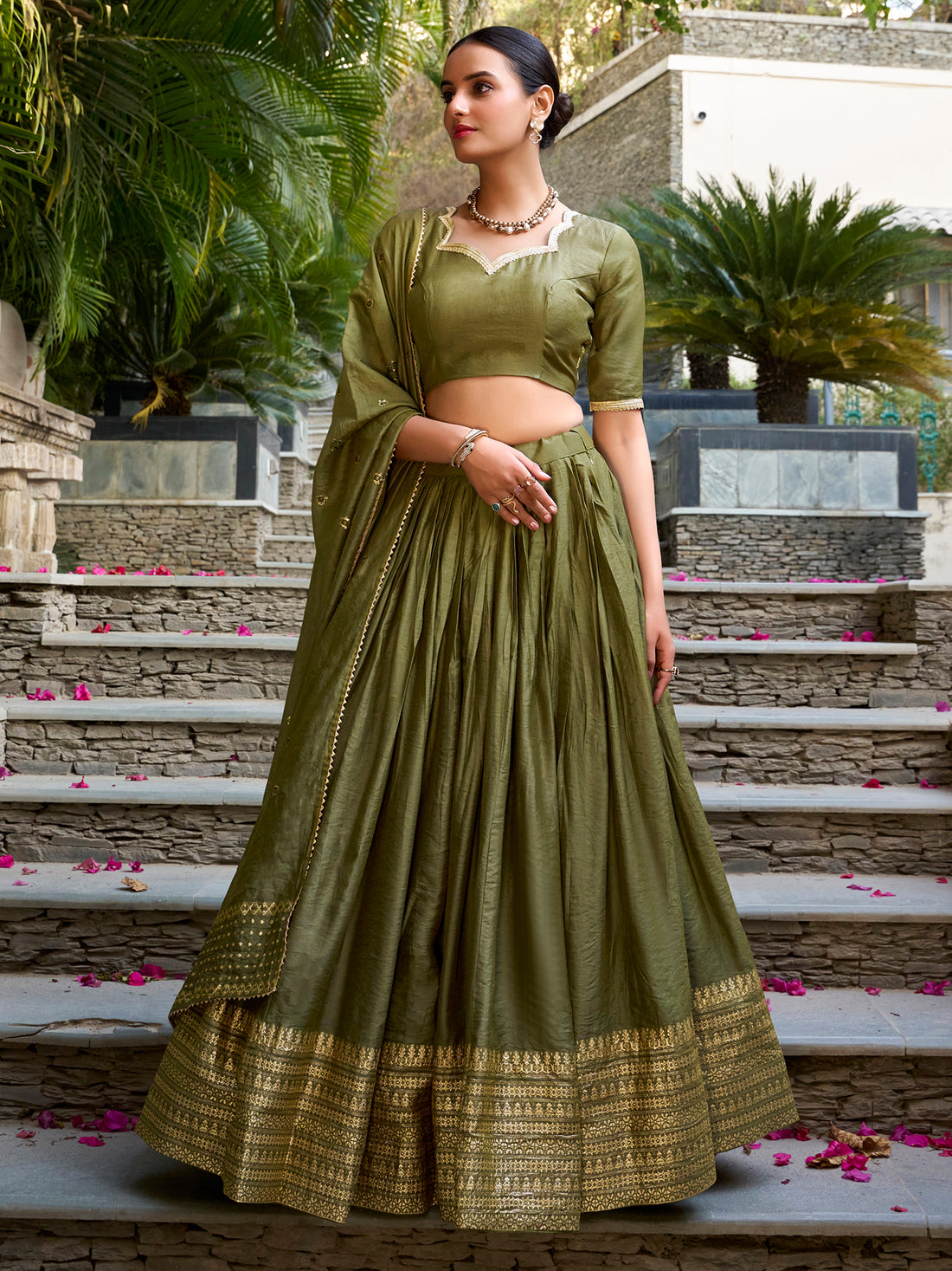 Great Olive Green Border Work Chanderi Mehendi Wear Lehenga Choli 