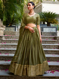Great Olive Green Border Work Chanderi Mehendi Wear Lehenga Choli 