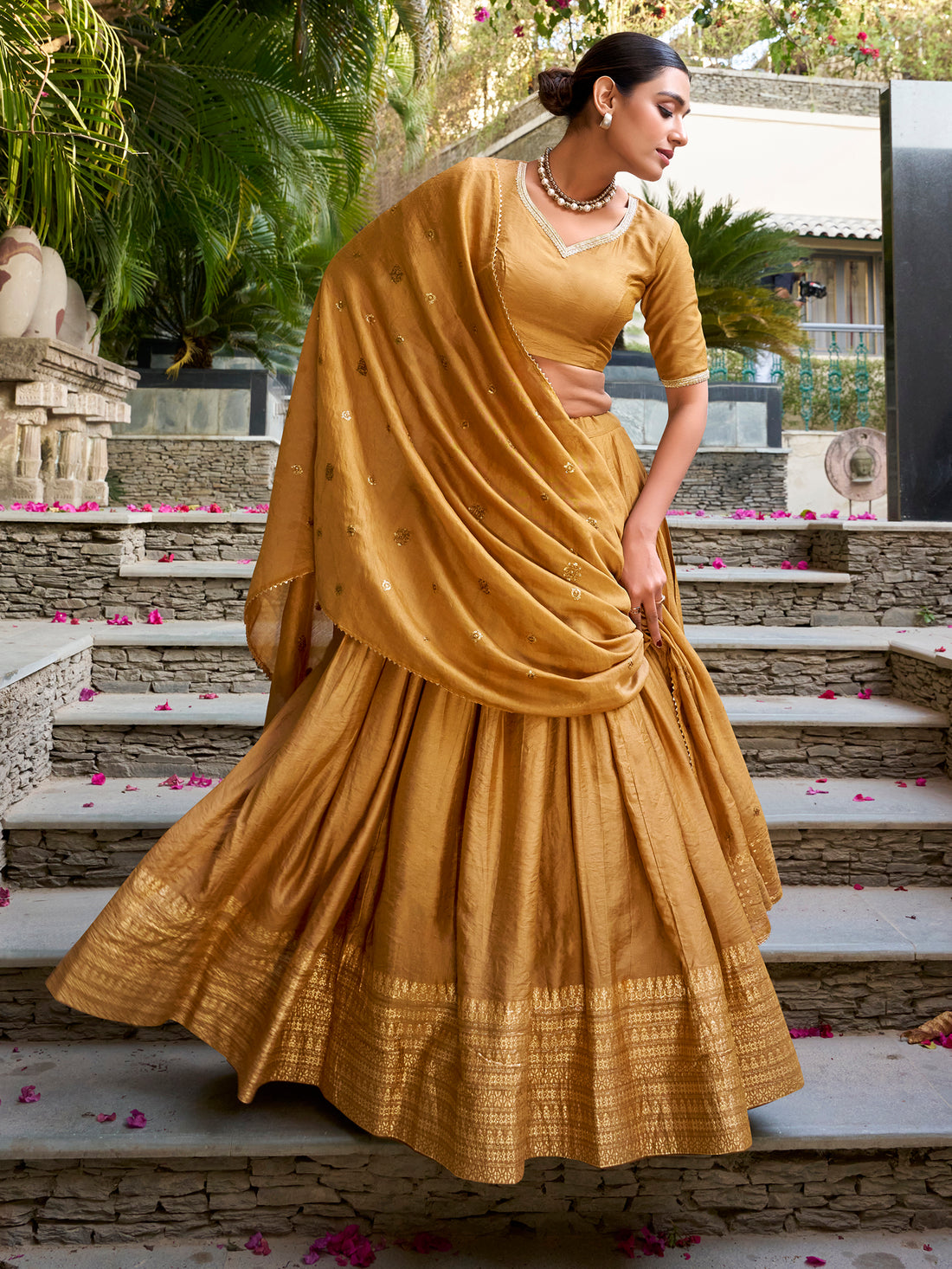 Attractive Mustard Yellow Border Work Chanderi Lehenga Choli 