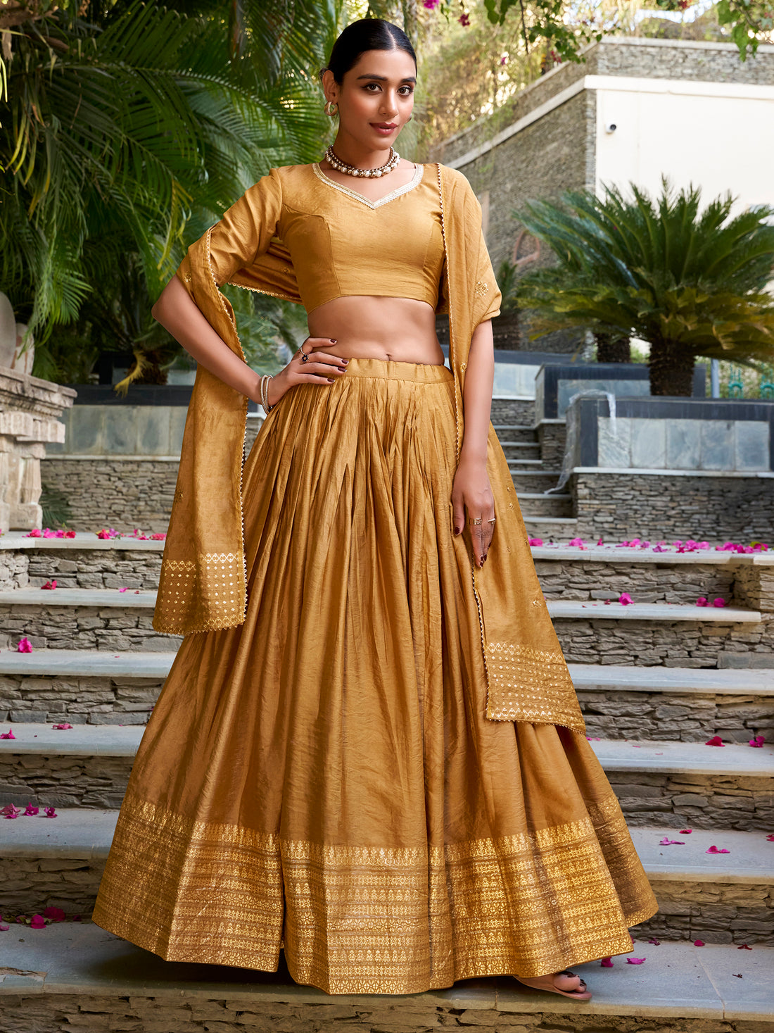 Attractive Mustard Yellow Border Work Chanderi Lehenga Choli 