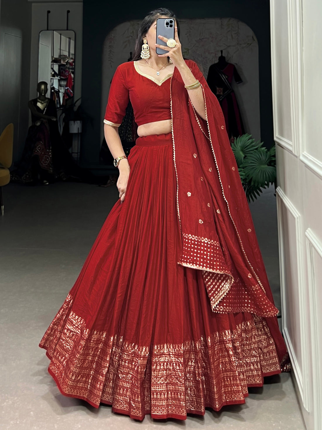 Astonishing Red Zari Weaving Chanderi Wedding Lehenga Choli