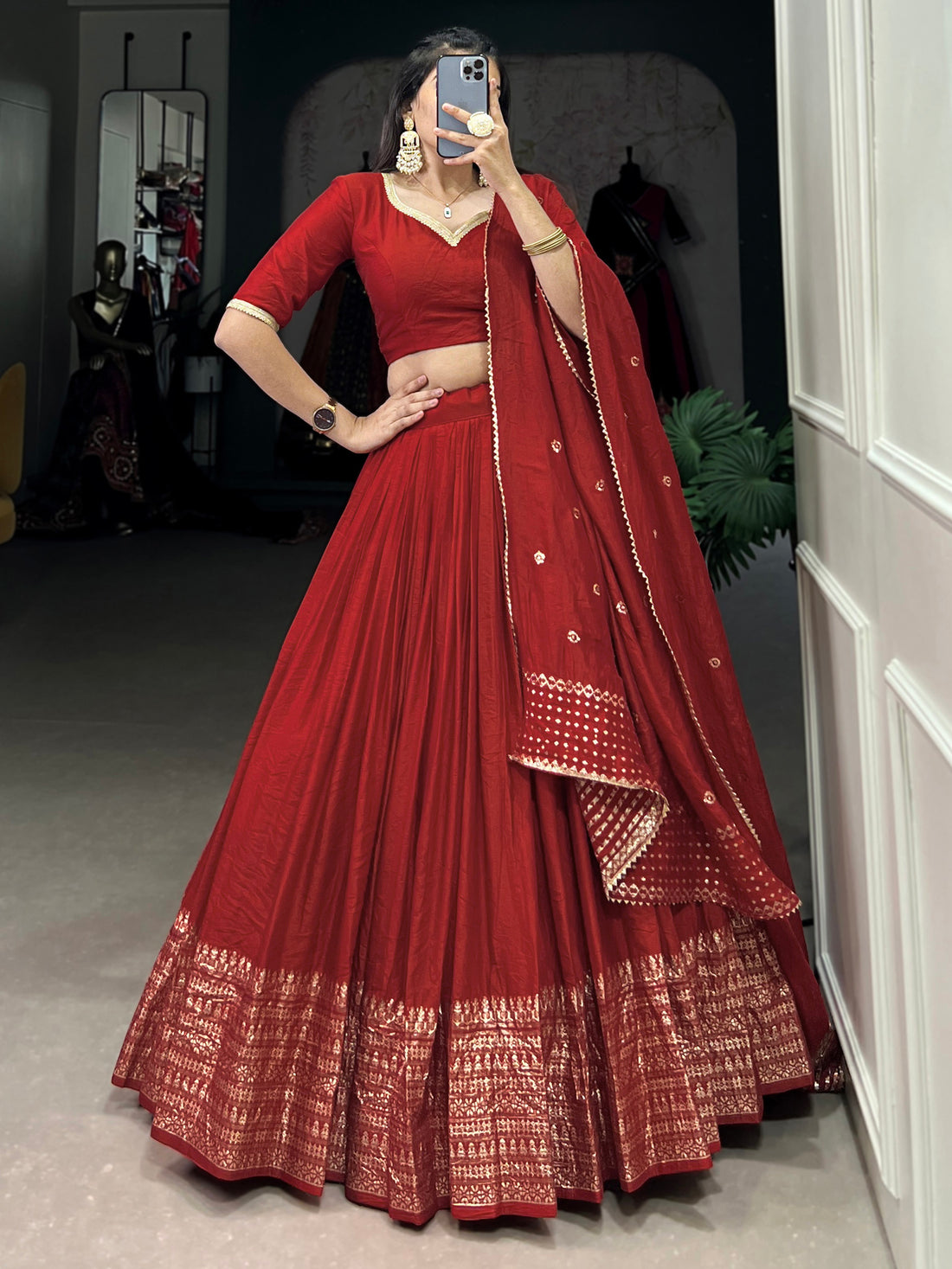 Astonishing Red Zari Weaving Chanderi Wedding Lehenga Choli