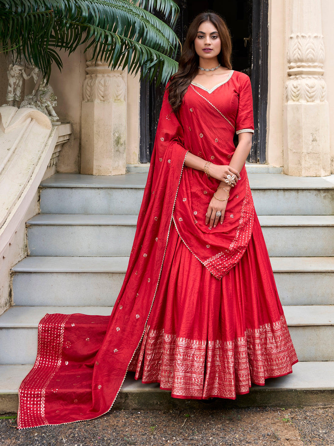 Sweet Red Zari Weaving Chanderi Traditional Lehenga Choli