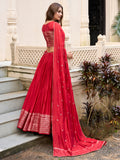 Sweet Red Zari Weaving Chanderi Traditional Lehenga Choli