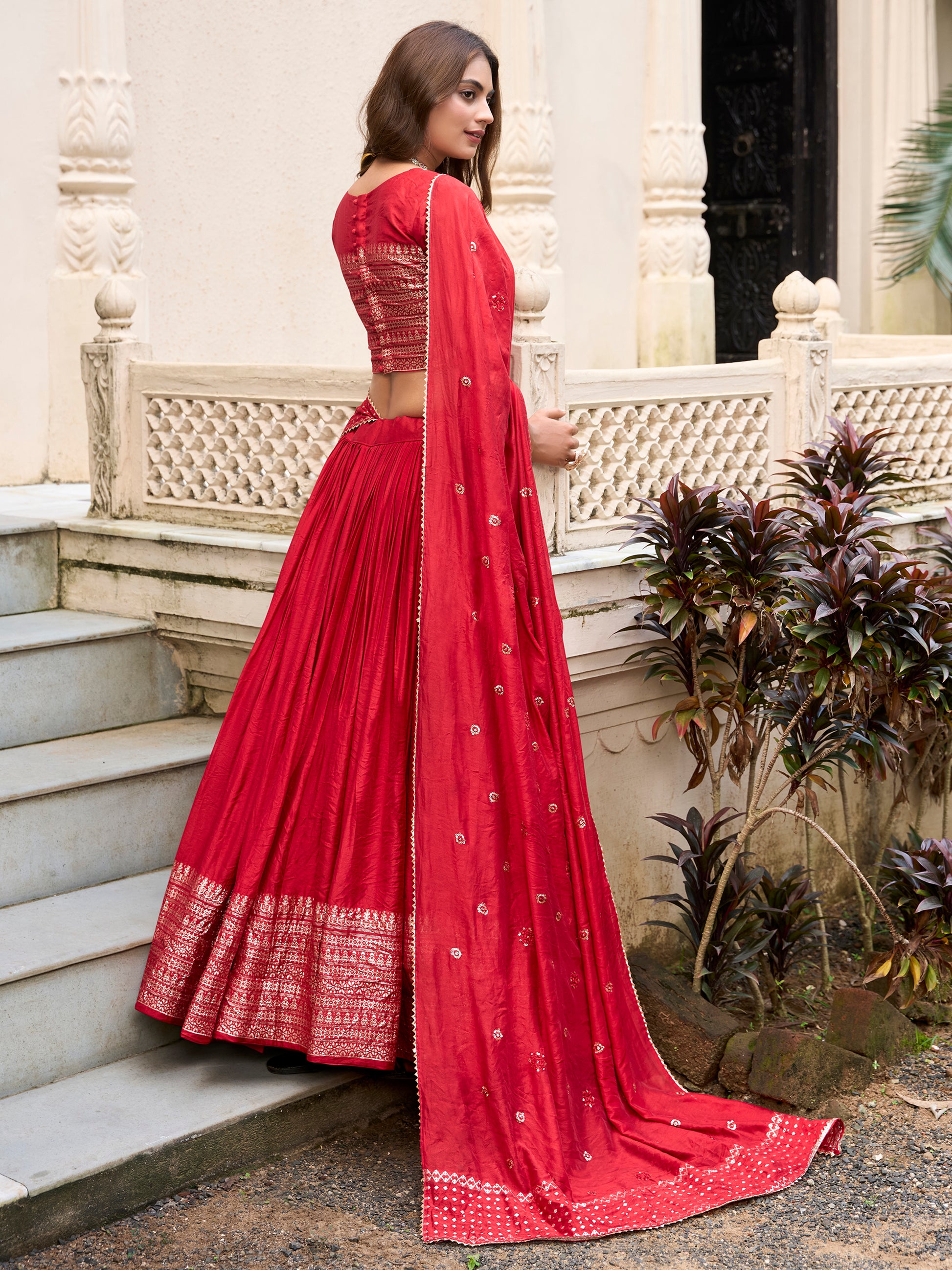 Sweet Red Zari Weaving Chanderi Traditional Lehenga Choli