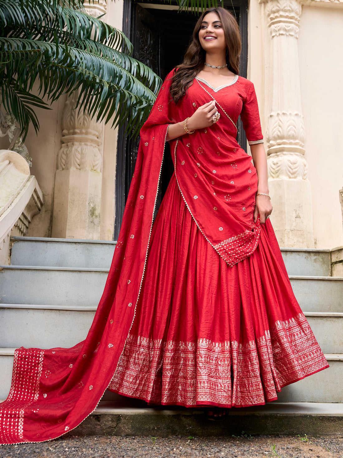 Sweet Red Zari Weaving Chanderi Traditional Lehenga Choli