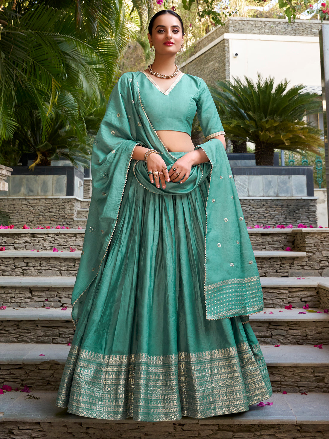 Spectacular Sea Green Zari Weaving Lehenga Choli With Dupatta
