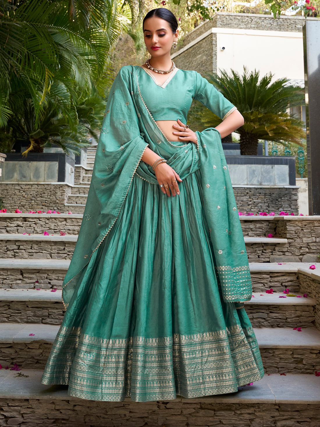 Spectacular Sea Green Zari Weaving Lehenga Choli With Dupatta
