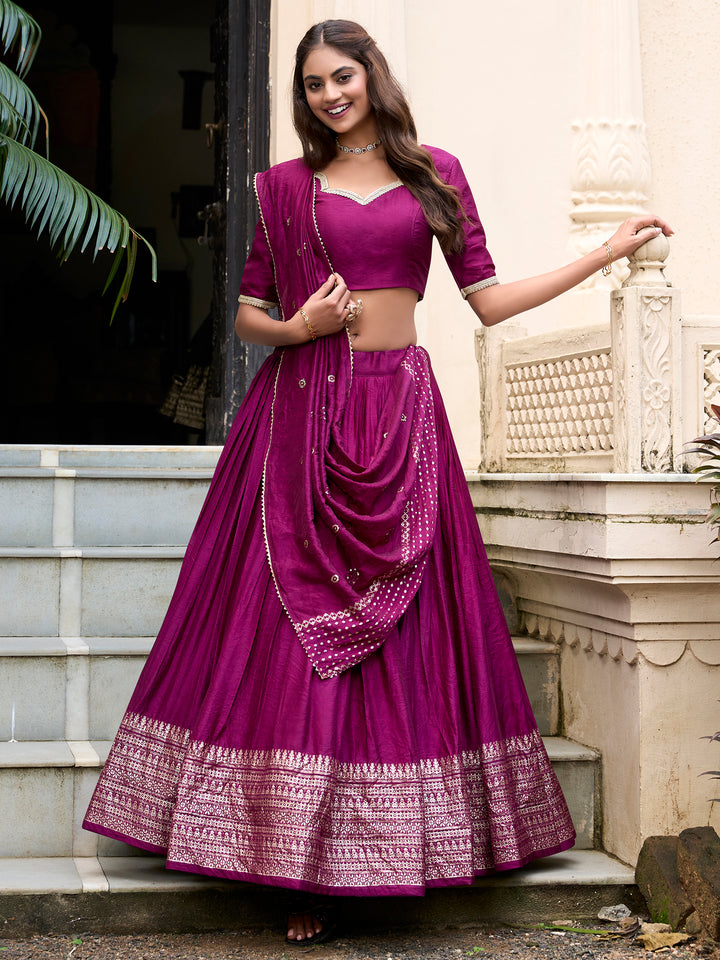 Fabulous Wine Zari Weaving Chanderi Event Wear Lehenga Choli