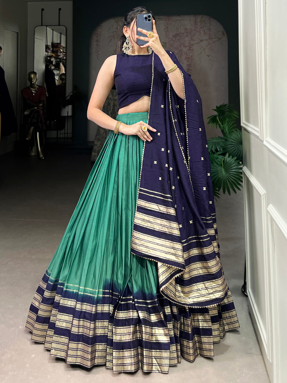 Charming Teal Green Zari Weaving Chanderi Festival Wear Lehenga Choli