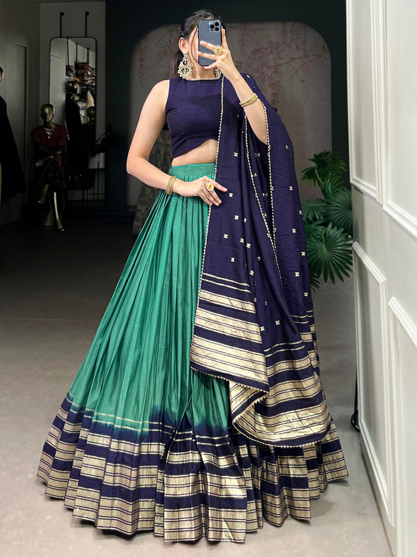 Charming Teal Green Zari Weaving Chanderi Festival Wear Lehenga Choli