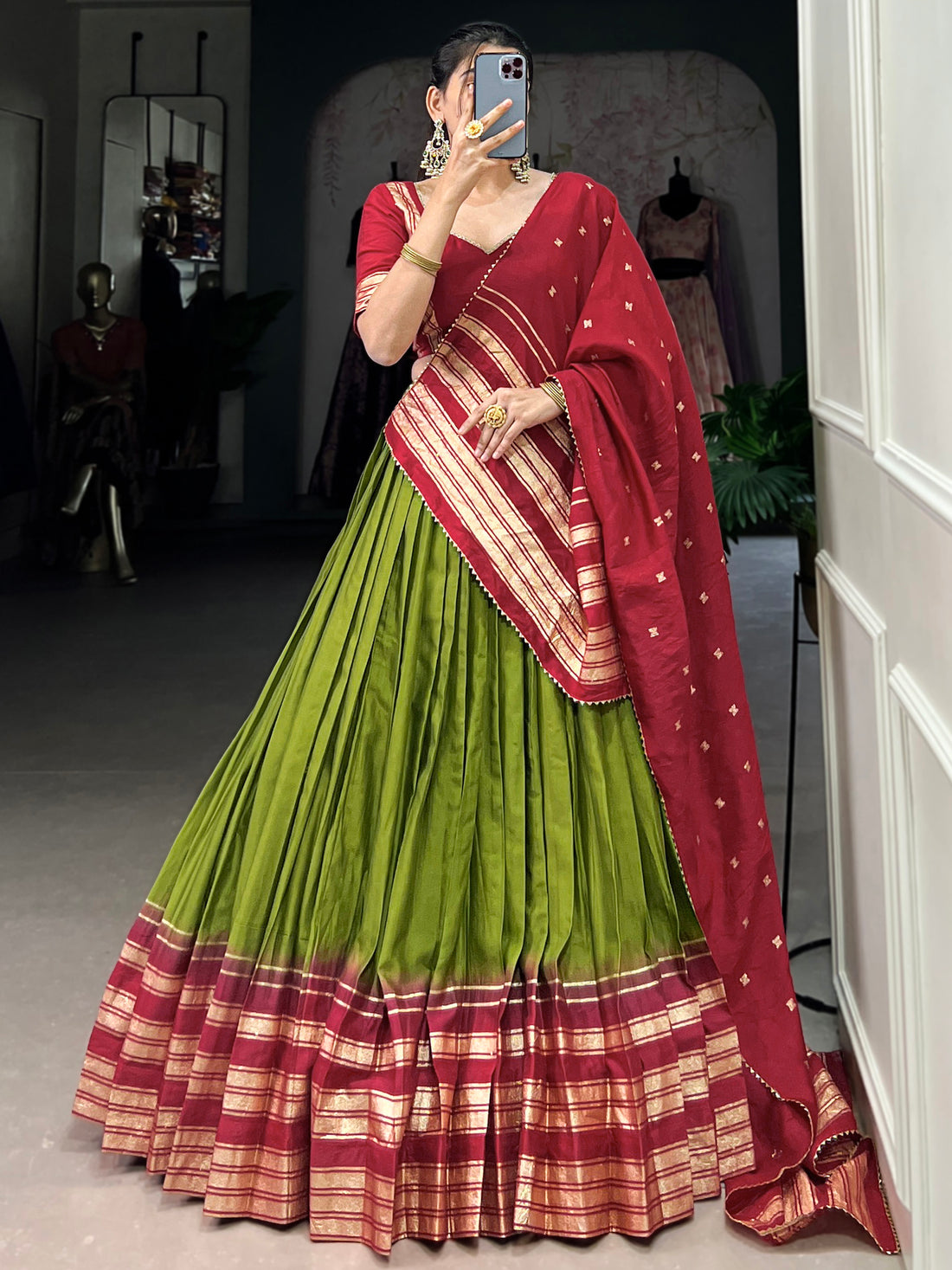 Fascinating Green Zari Weaving Chanderi Lehenga Choli With Dupatta