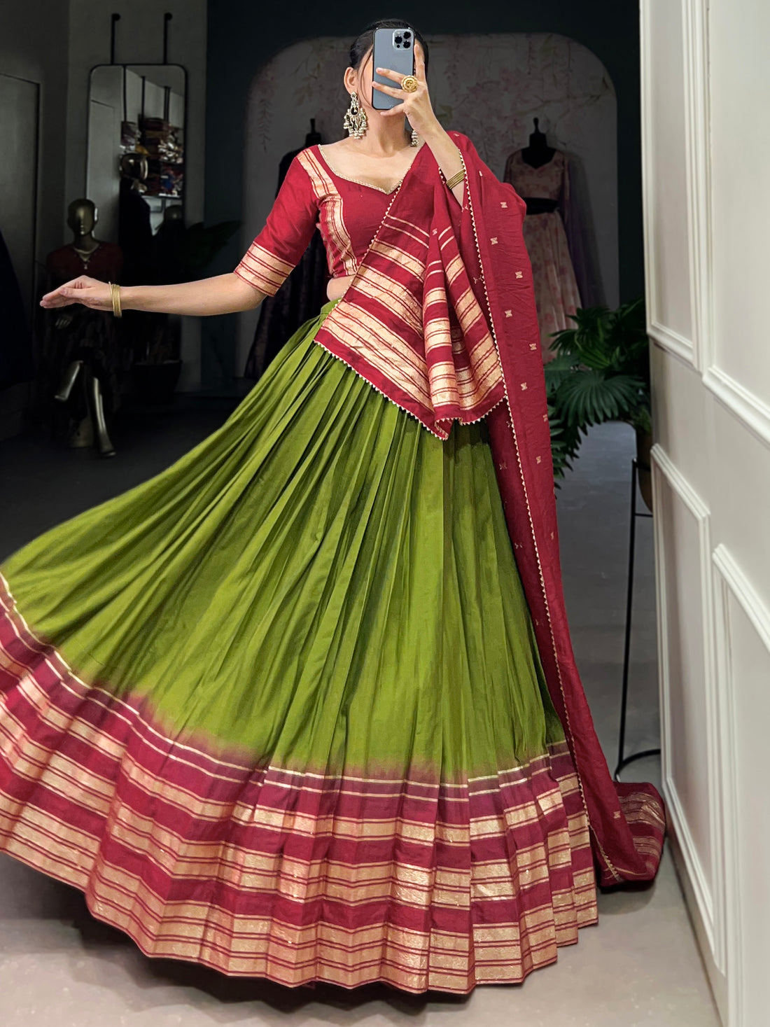 Fascinating Green Zari Weaving Chanderi Lehenga Choli With Dupatta