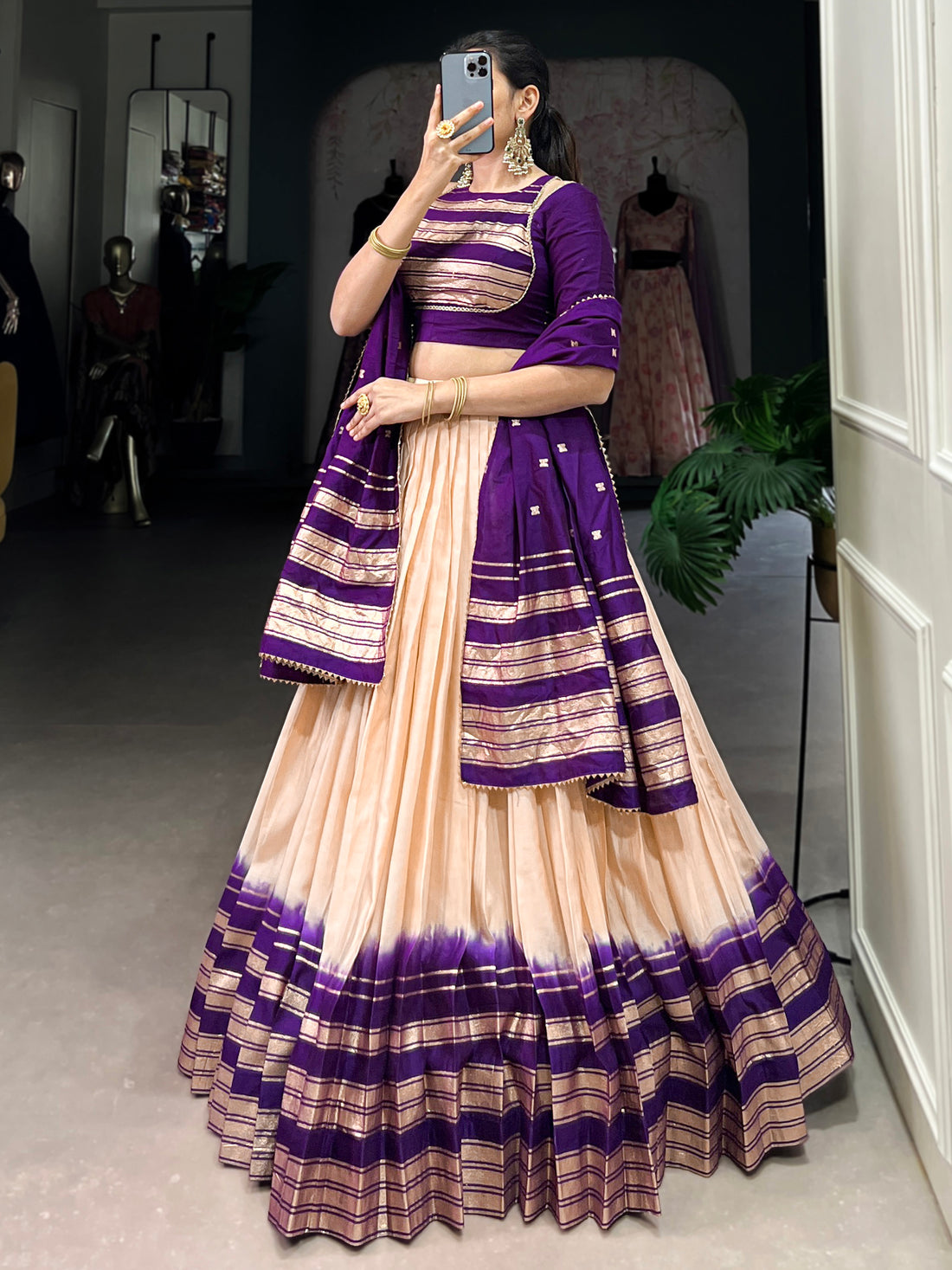 Enchanting Off-White Zari Weaving Chanderi Event Wear Lehenga Choli