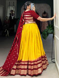 Great Mustard Yellow Zari Weaving Chanderi Traditional Lehenga Choli