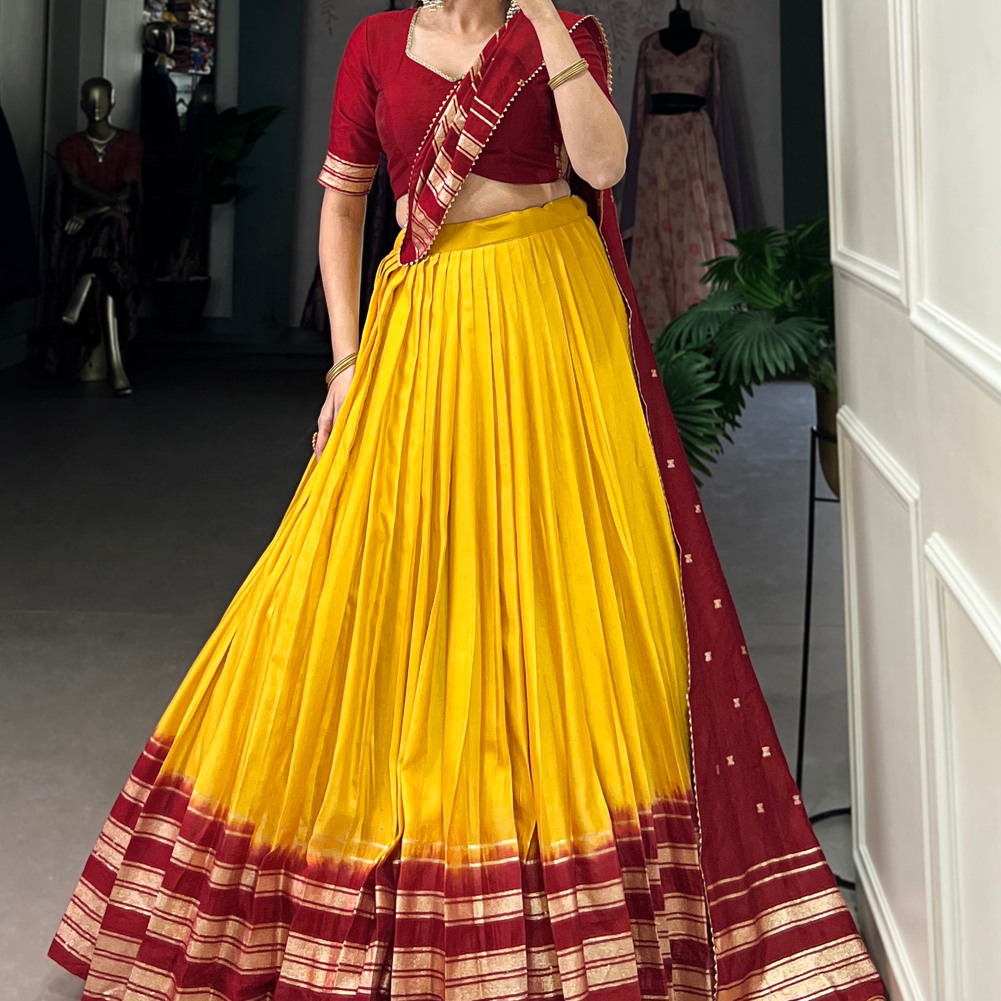 Great Mustard Yellow Zari Weaving Chanderi Traditional Lehenga Choli