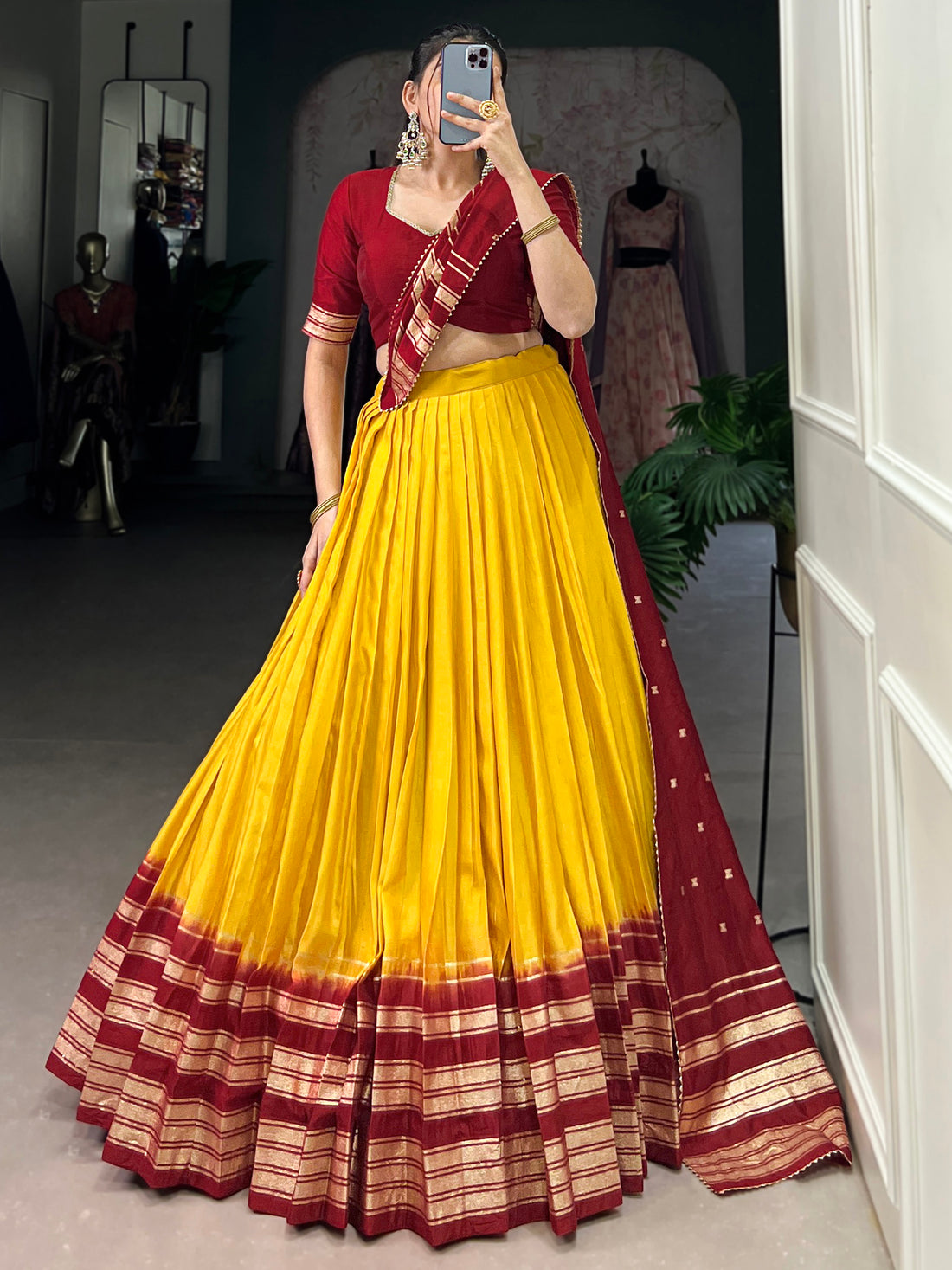 Great Mustard Yellow Zari Weaving Chanderi Traditional Lehenga Choli