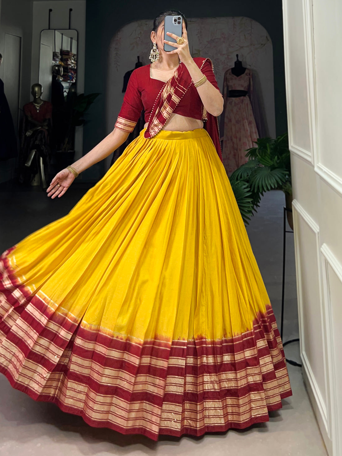 Great Mustard Yellow Zari Weaving Chanderi Traditional Lehenga Choli
