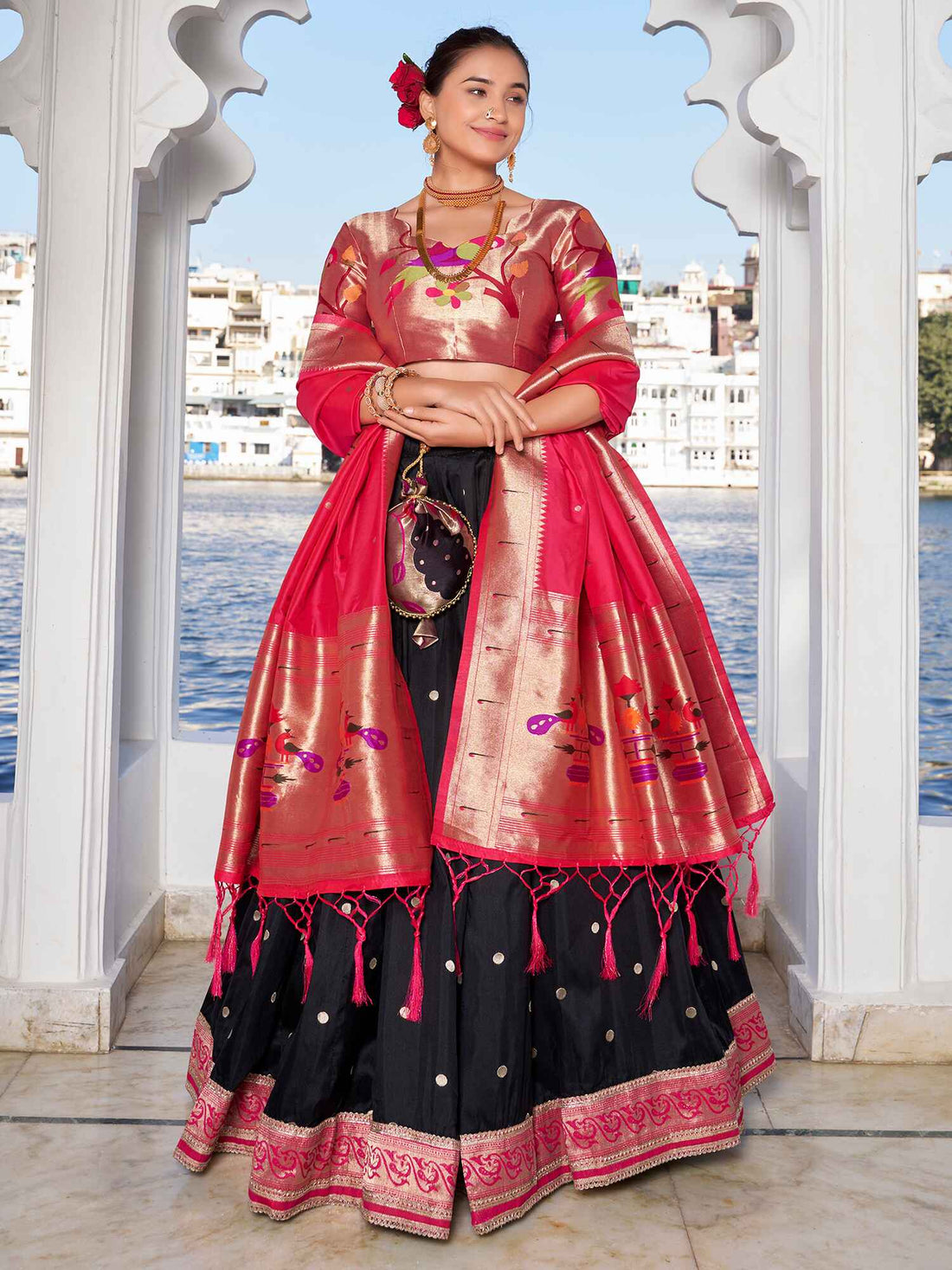 Stunning Black Zari Weaving Silk Paithani Lehenga Choli With Dupatta