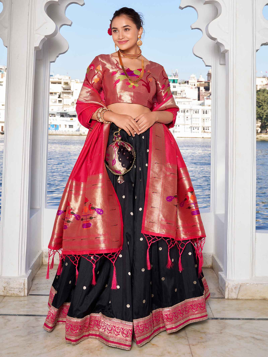 Stunning Black Zari Weaving Silk Paithani Lehenga Choli With Dupatta