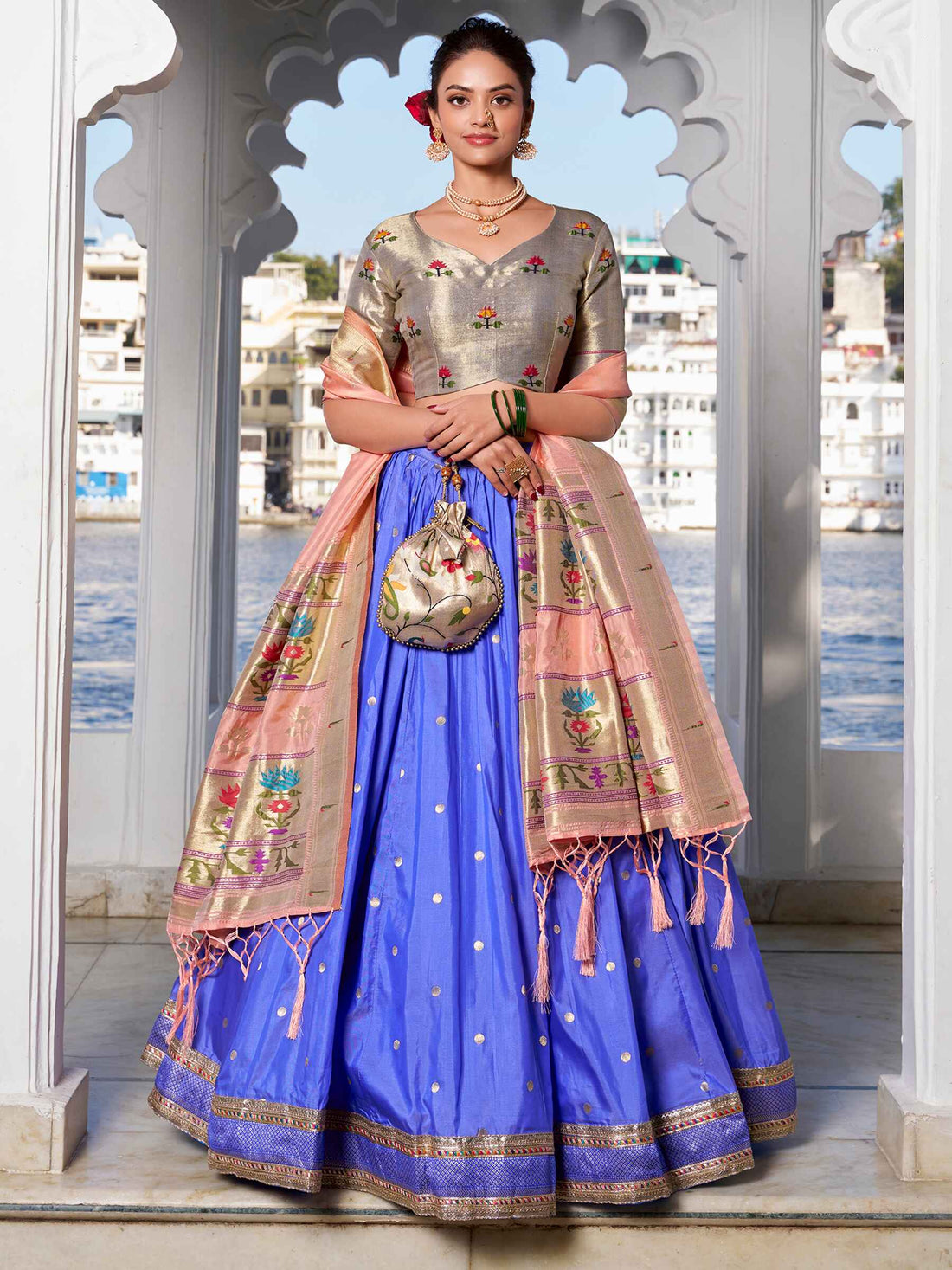 Pretty Blue Zari Weaving Silk Traditional Lehenga Choli With Dupatta