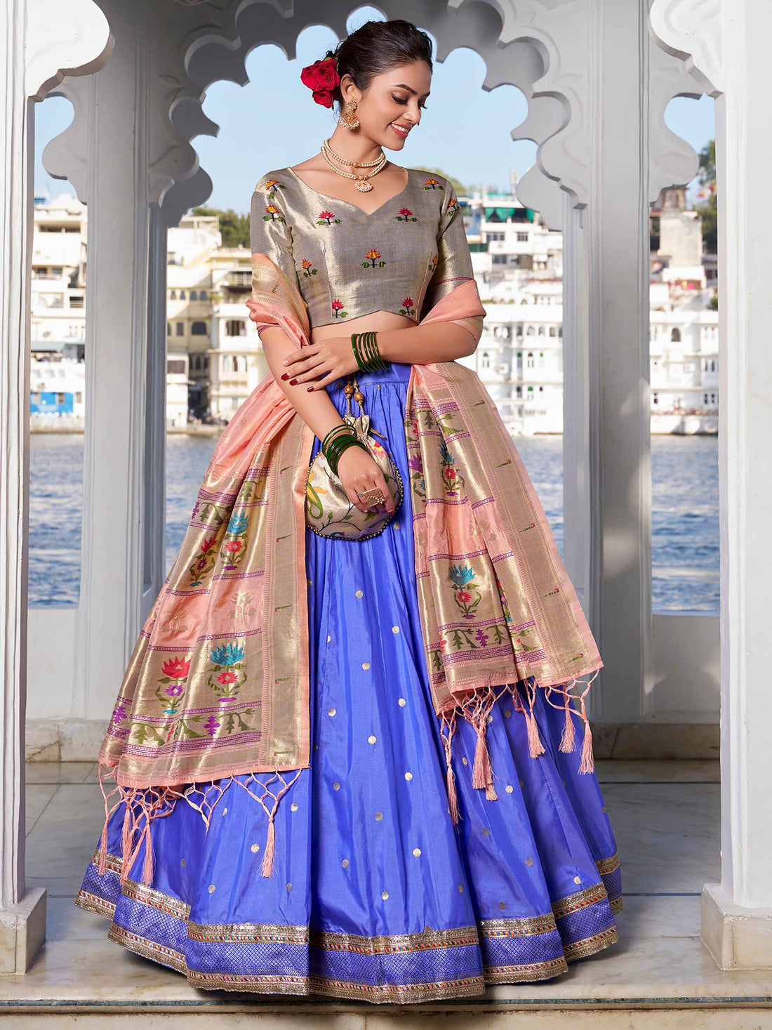 Pretty Blue Zari Weaving Silk Traditional Lehenga Choli With Dupatta