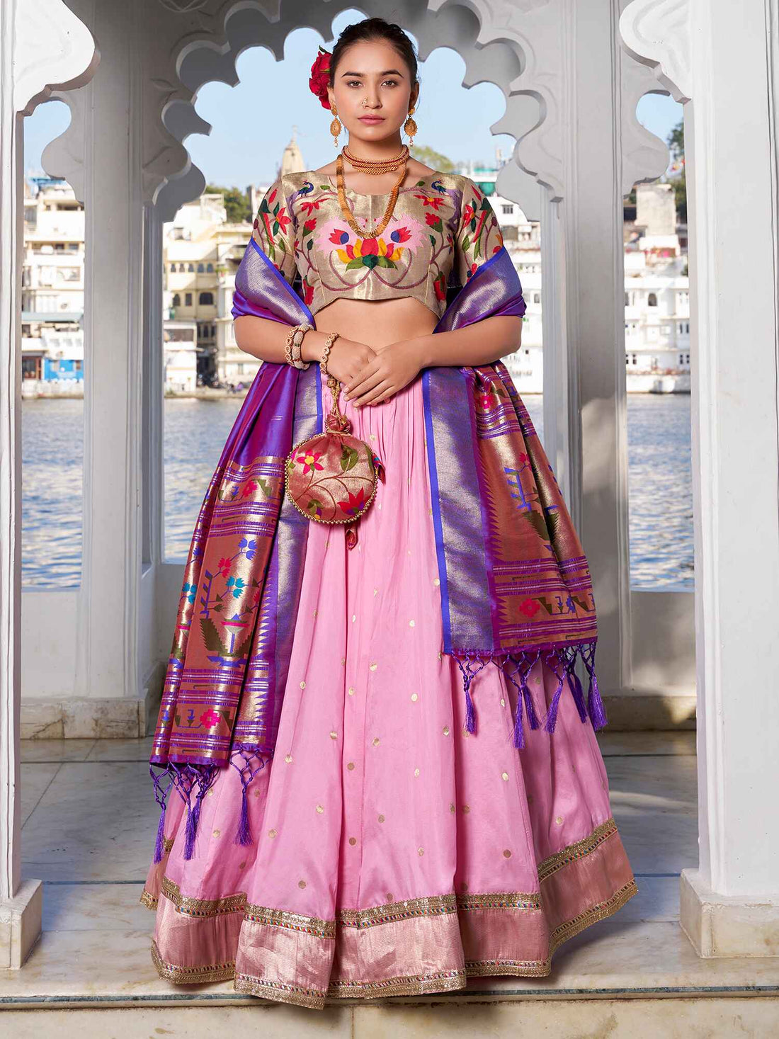 Ravishing Light Pink Zari Weaving Silk Function Wear Lehenga Choli