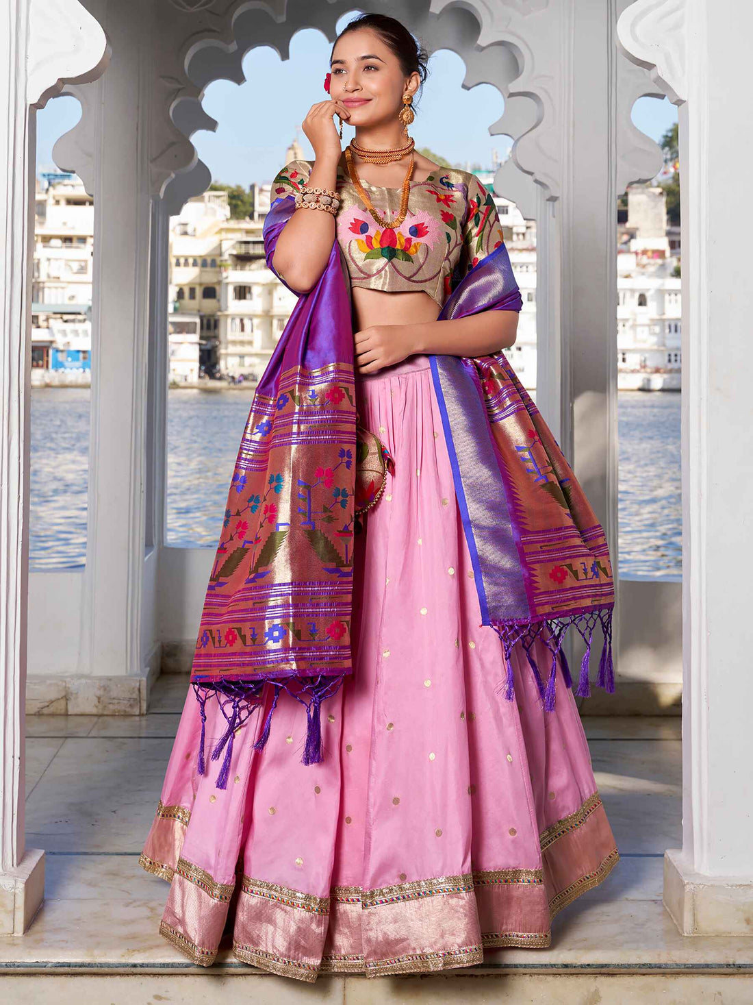 Ravishing Light Pink Zari Weaving Silk Function Wear Lehenga Choli