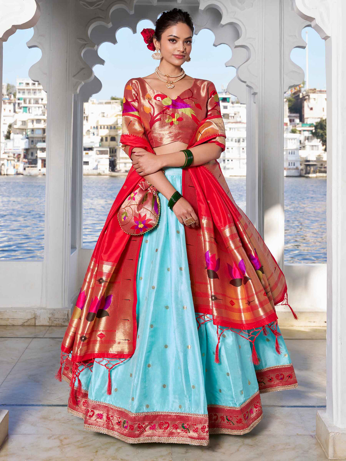 Alluring Sky Blue Zari Weaving Silk Paithani Lehenga Choli