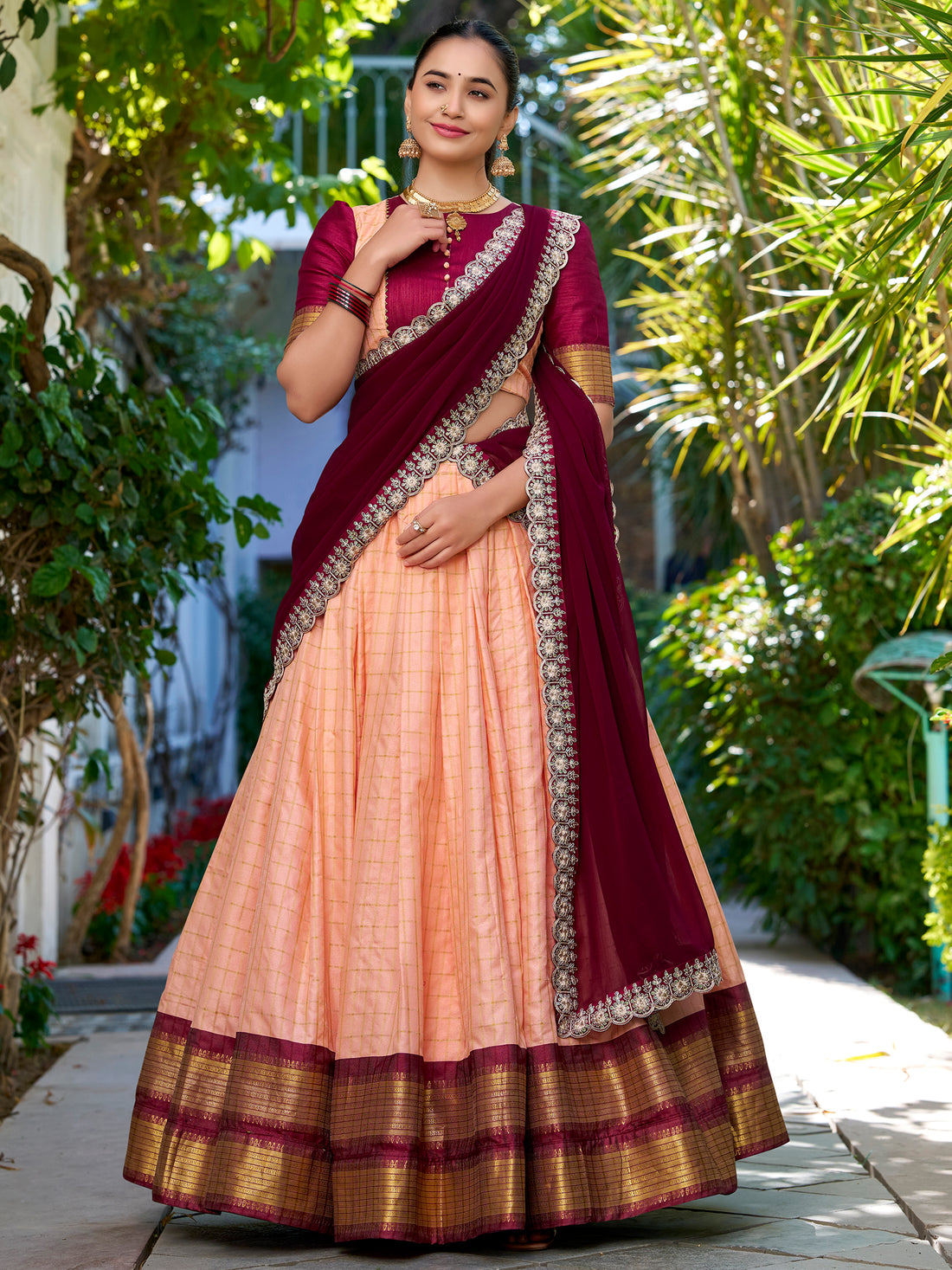 Astonishing Peach Zari Weaving Art Silk festive Wear Half Saree Lehenga
