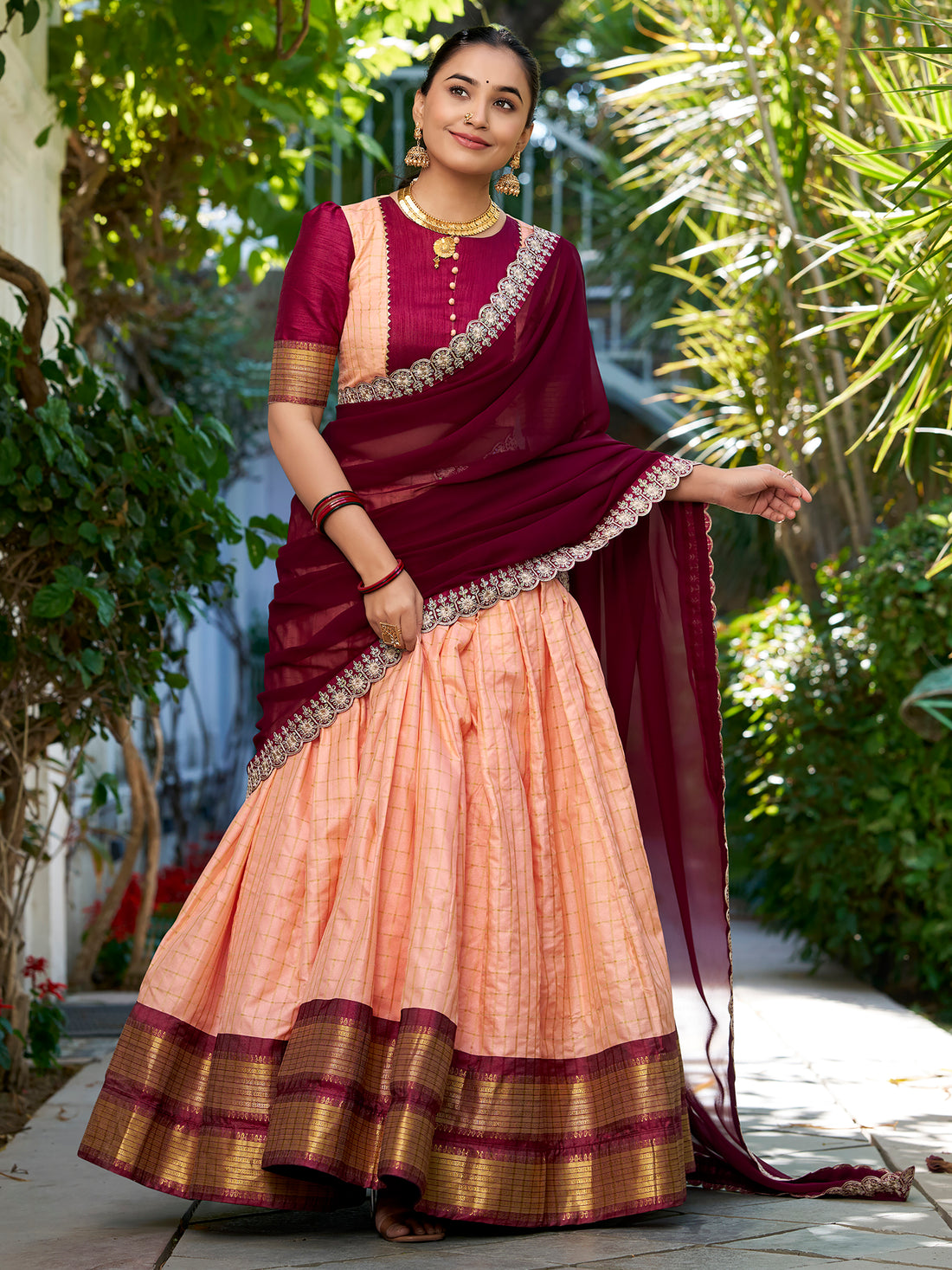 Astonishing Peach Zari Weaving Art Silk festive Wear Half Saree Lehenga