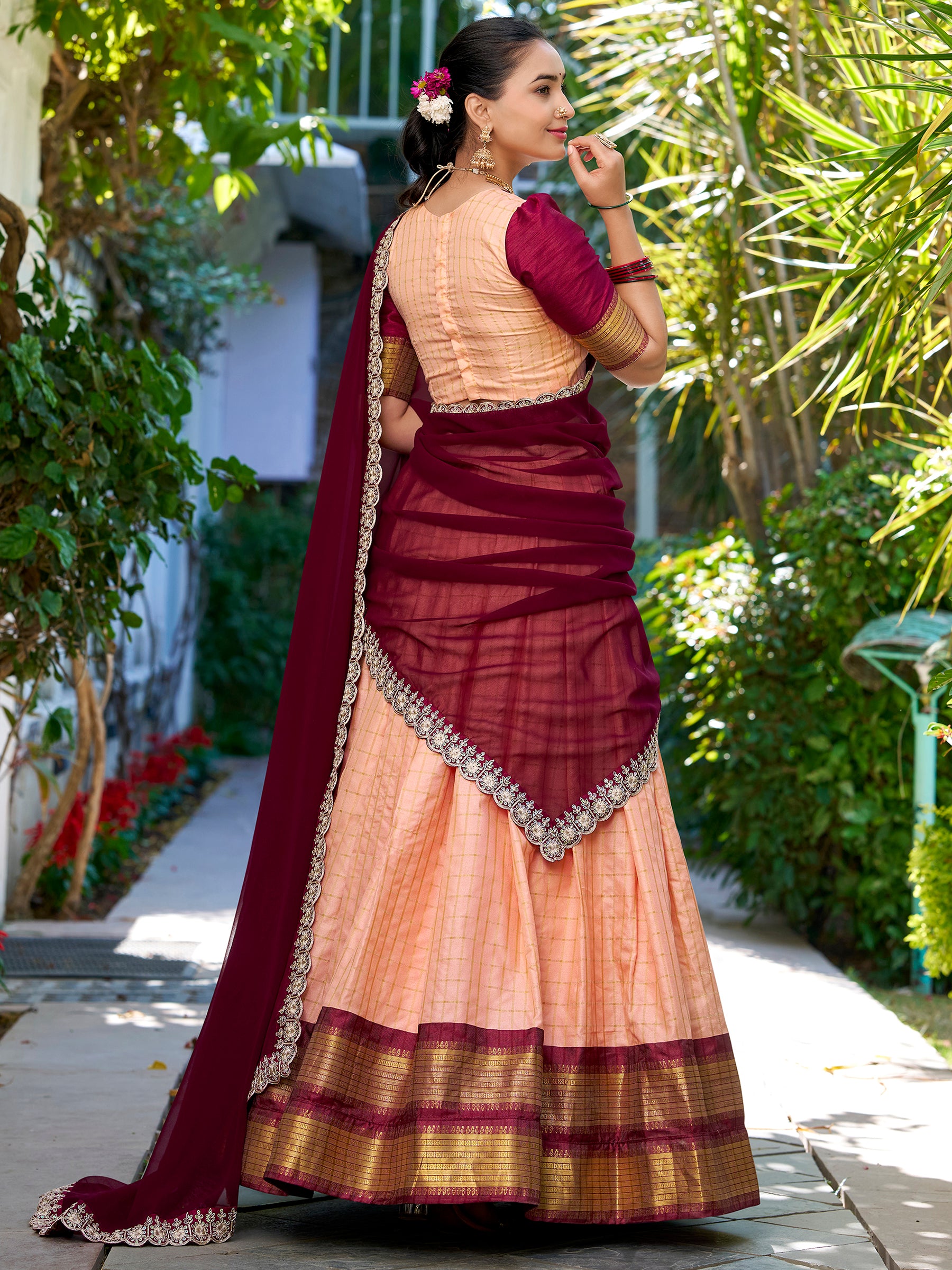 Astonishing Peach Zari Weaving Art Silk festive Wear Half Saree Lehenga