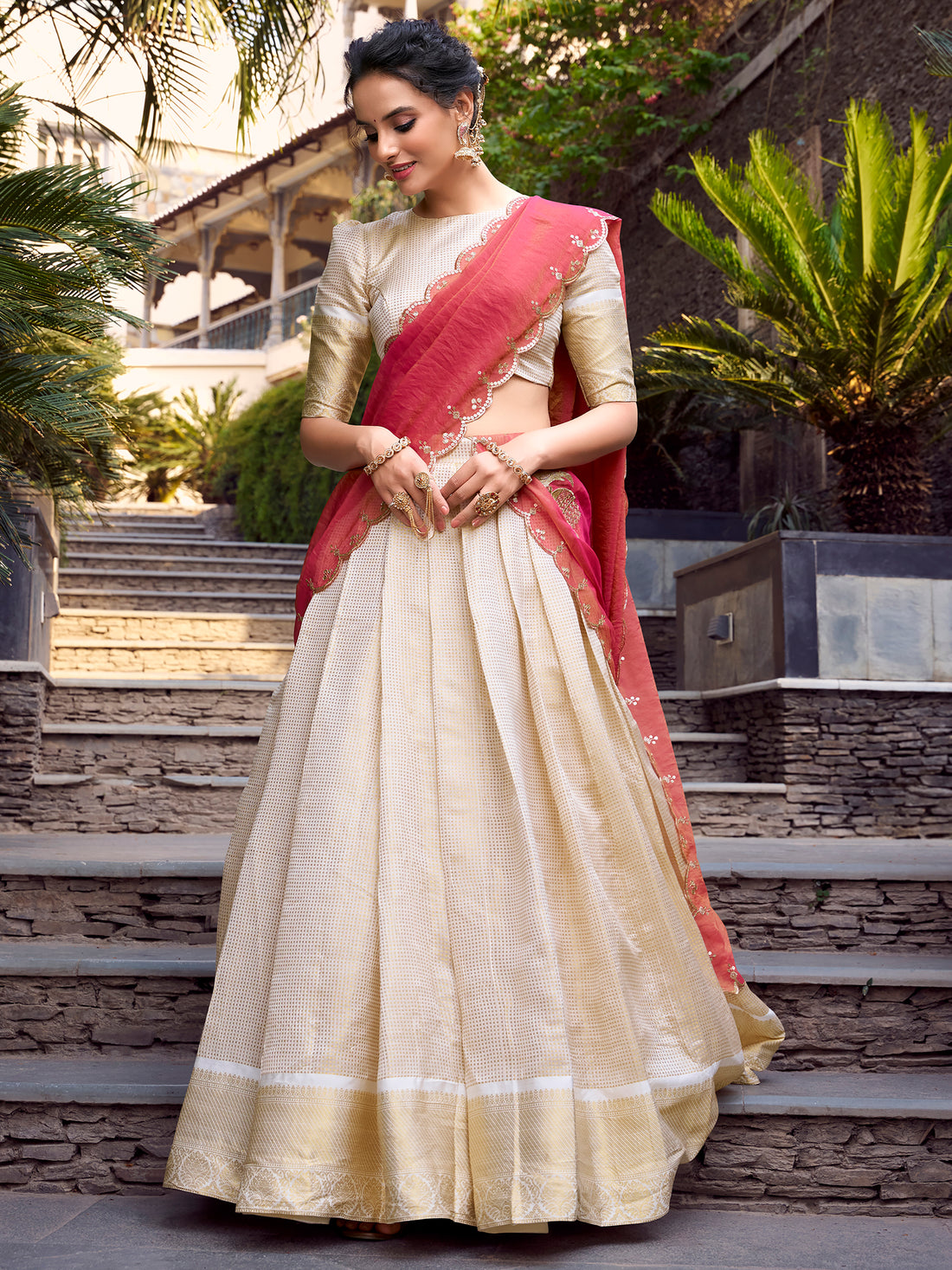 Enchanting Off-White Zari Weaving Jacquard Festival Wear Lehenga Choli
