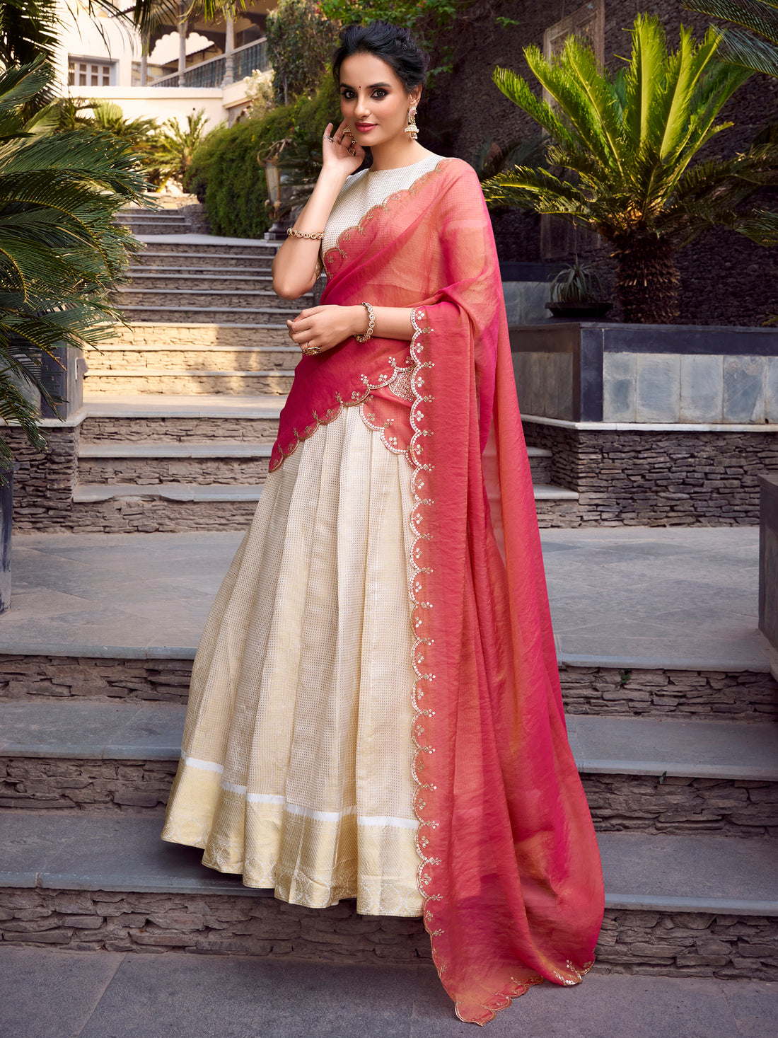 Enchanting Off-White Zari Weaving Jacquard Festival Wear Lehenga Choli