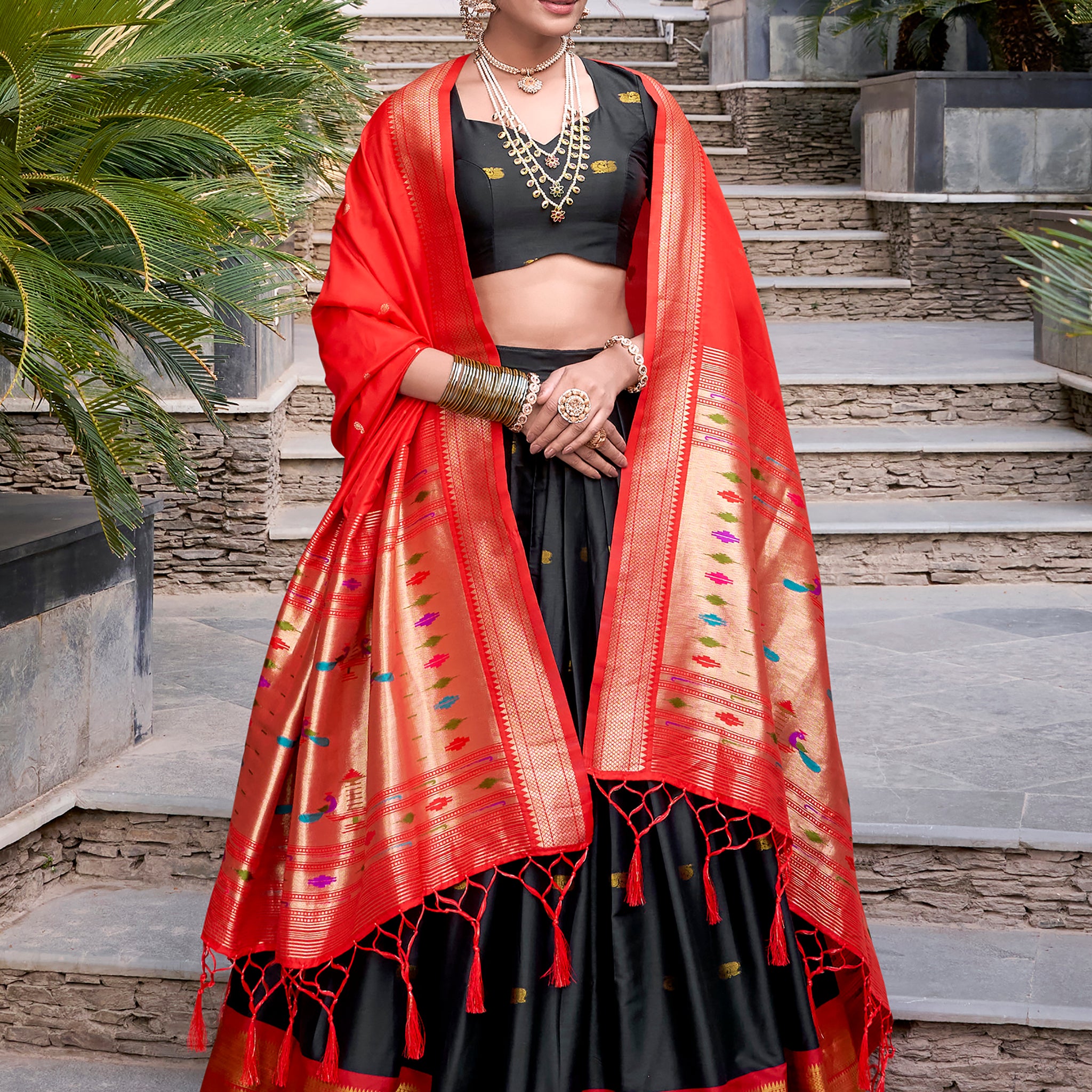 Amazing Black Zari Weaving Jacquard Paithani Lehenga Choli