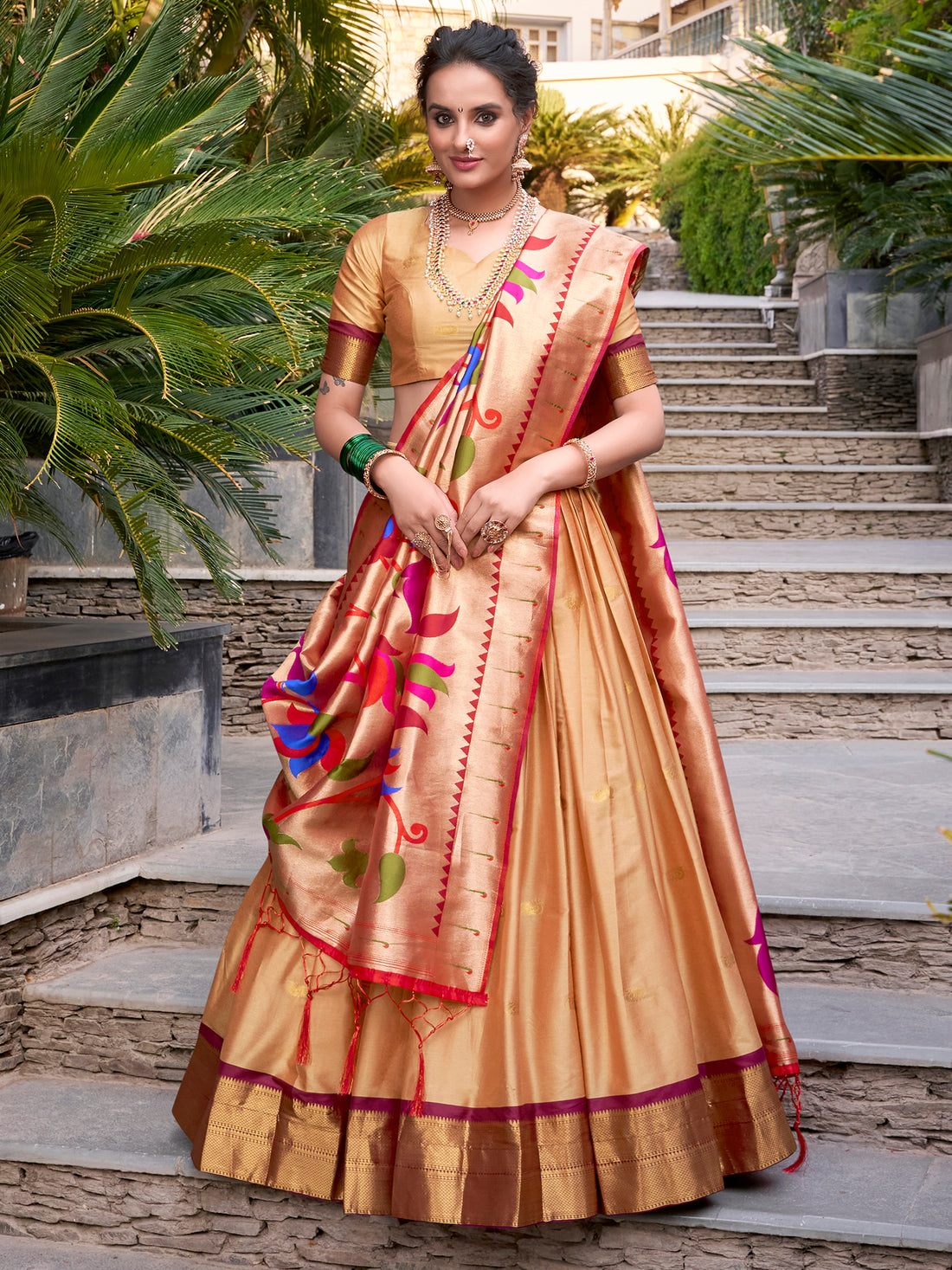 Delightful Beige Zari Weaving Paithani Silk Traditional Lehenga Choli