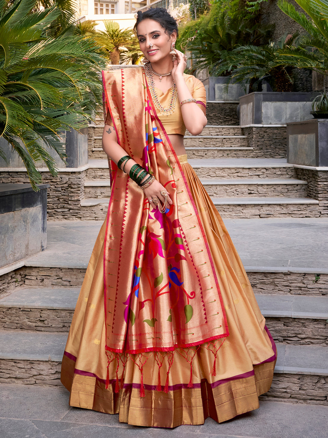 Delightful Beige Zari Weaving Paithani Silk Traditional Lehenga Choli