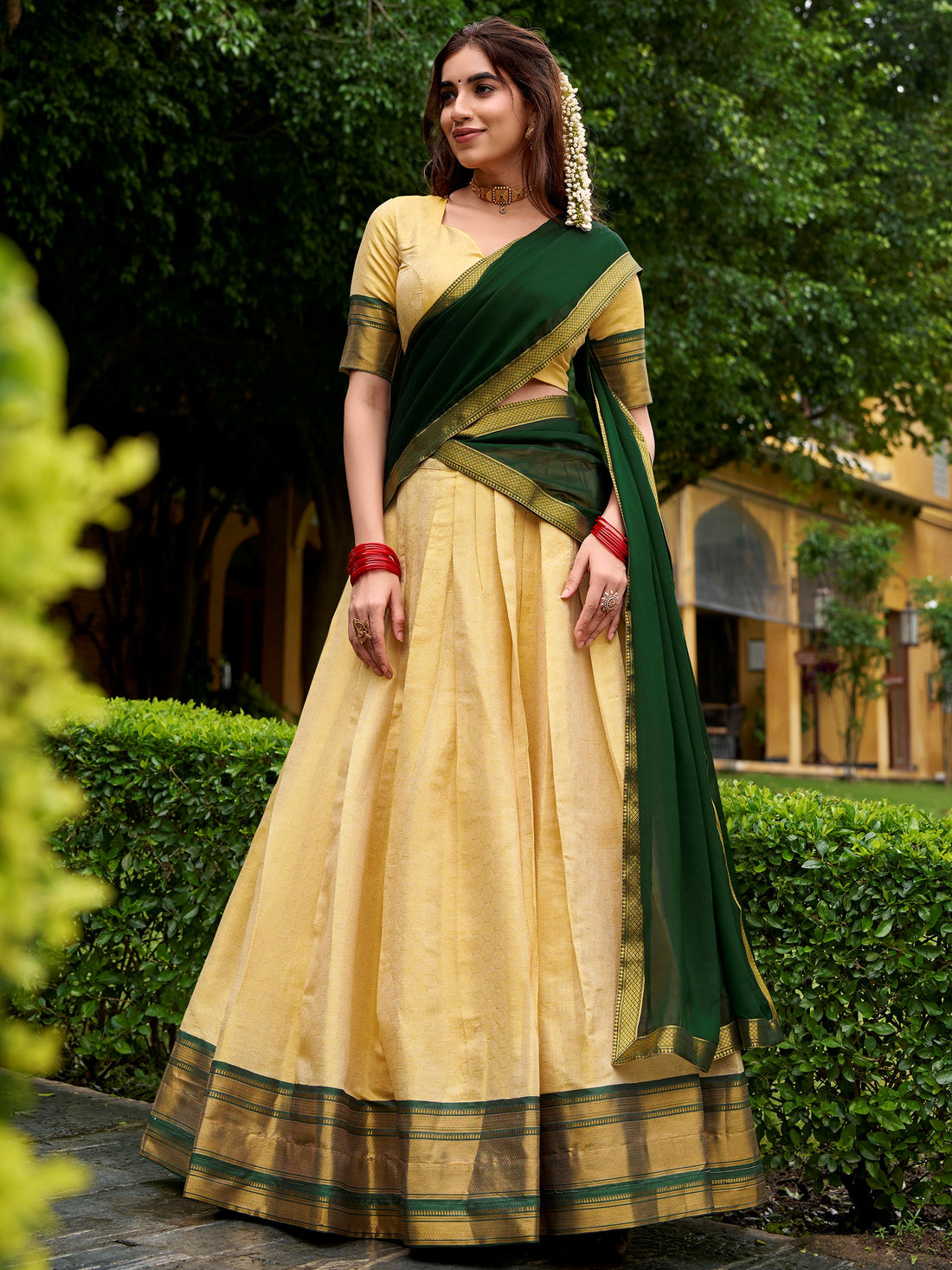 Classical Green Zari Weaving Kanjivaram Event Wear Half Saree Lehenga