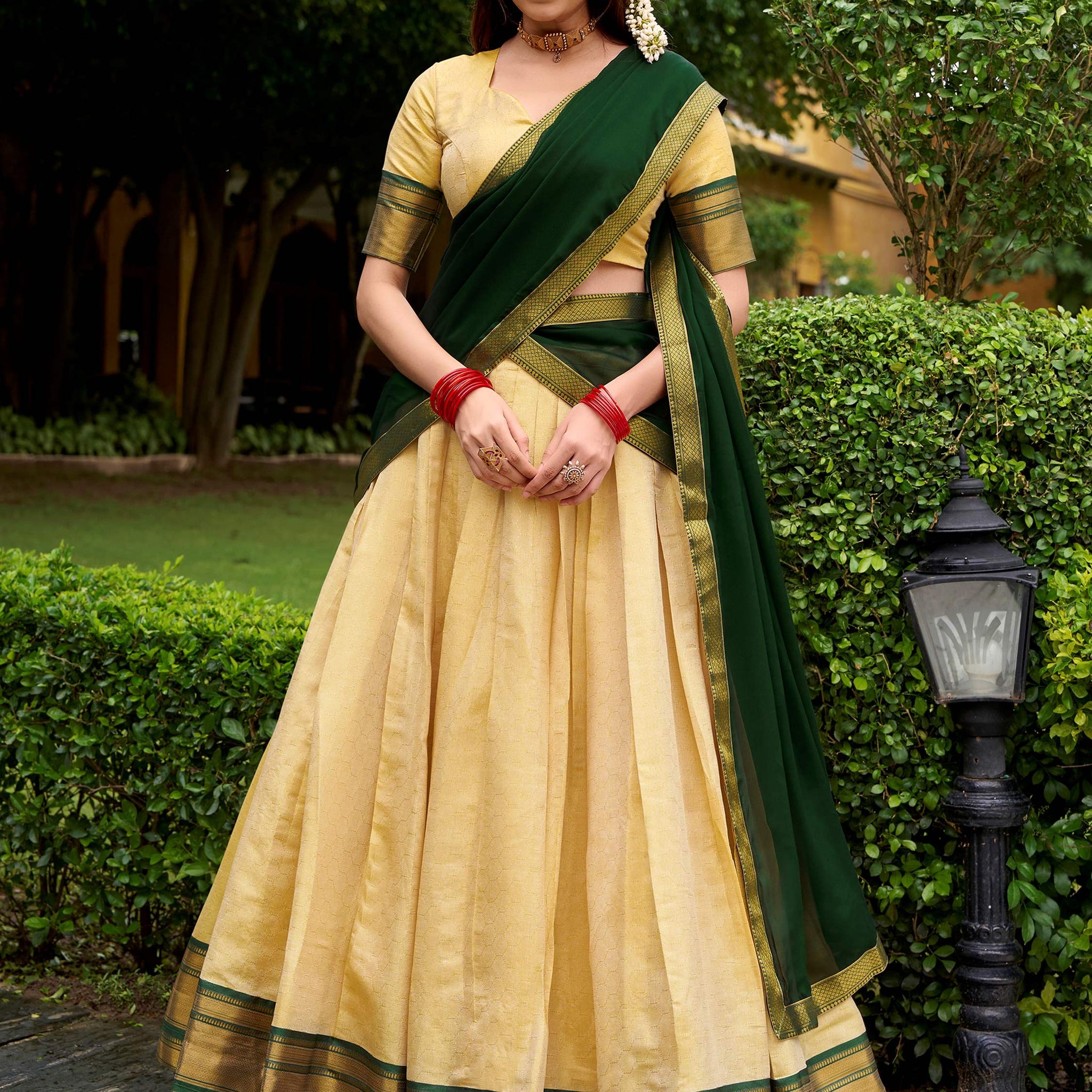 Classical Green Zari Weaving Kanjivaram Event Wear Half Saree Lehenga