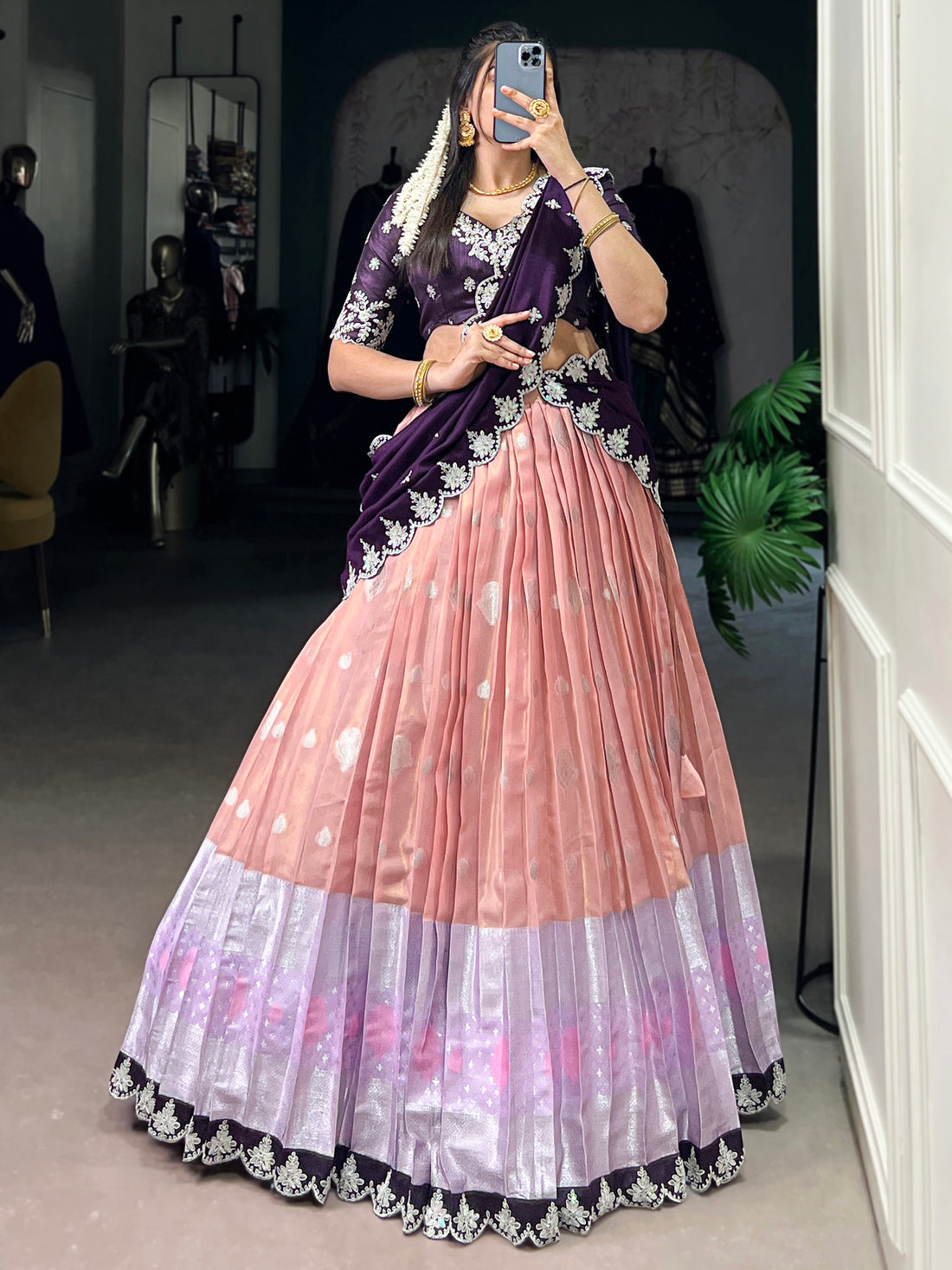 Attractive Peach Zari Weaving Silk Event Wear Half Saree Lehenga