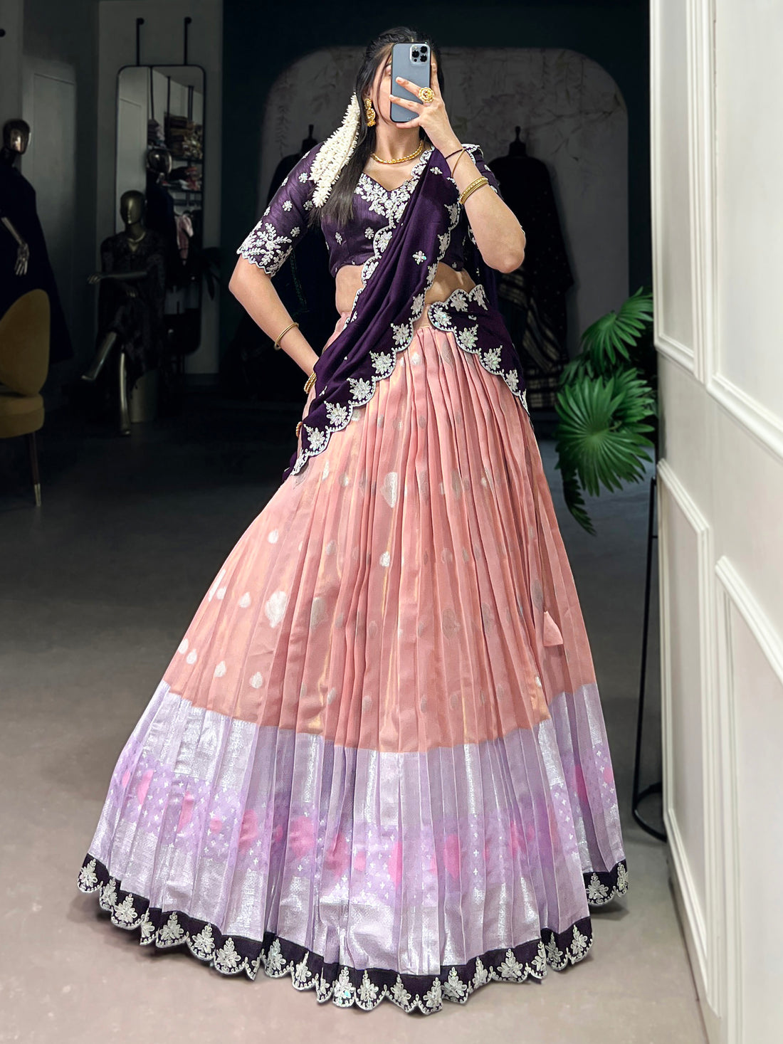 Attractive Peach Zari Weaving Silk Event Wear Half Saree Lehenga