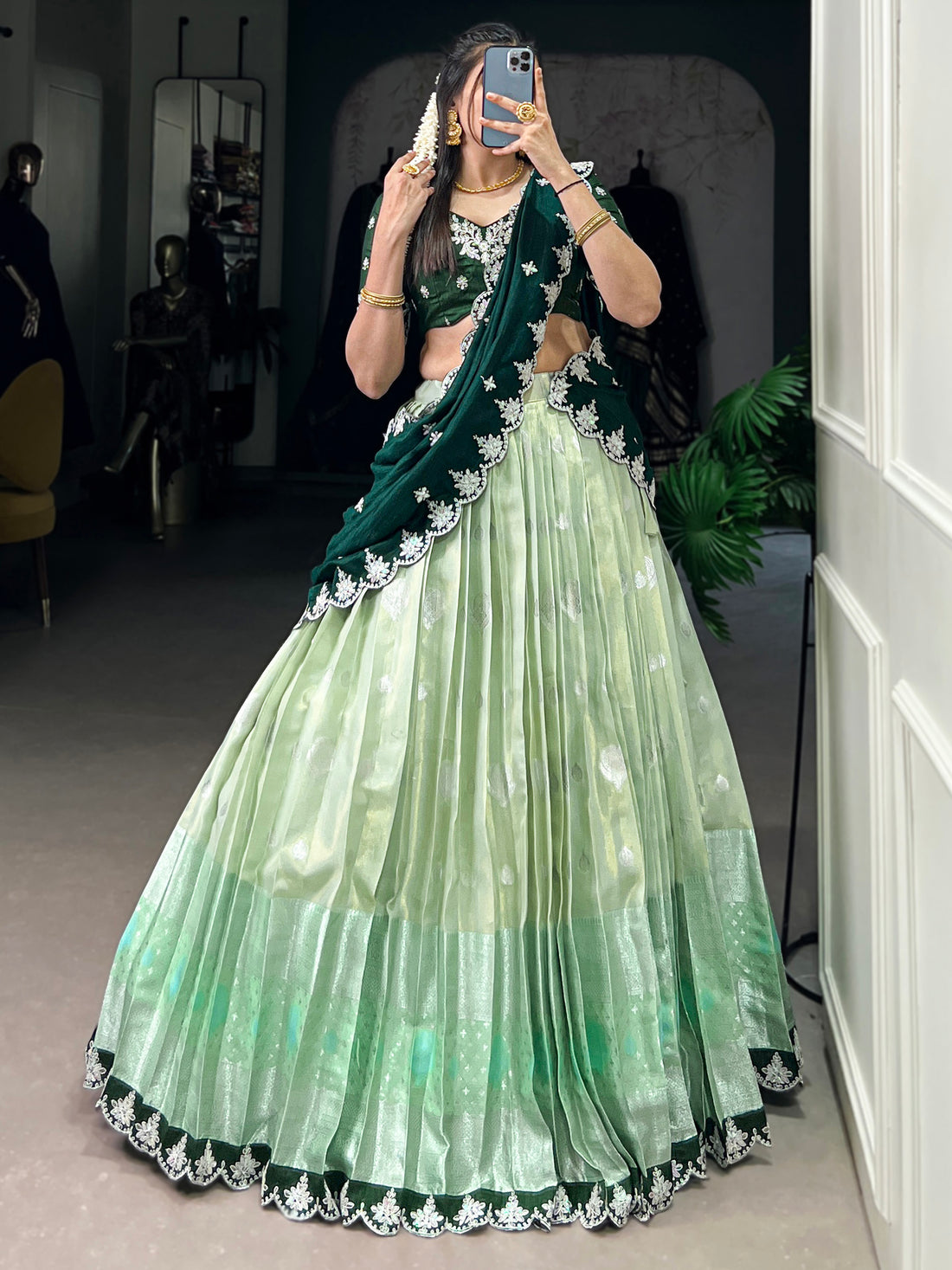 Splendid Pista Green Zari Weaving Silk Half Saree Lehenga Choli
